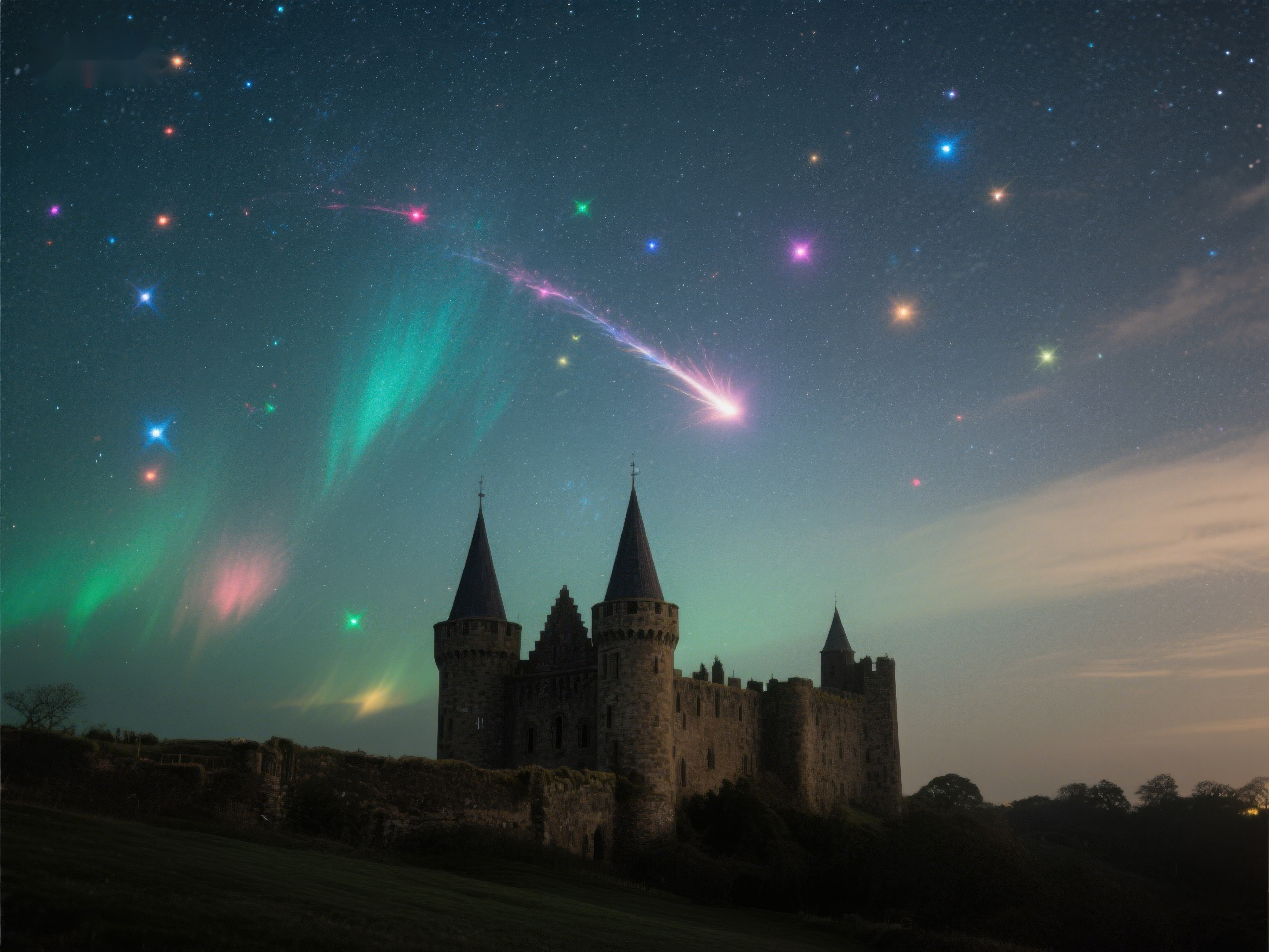 星空下的古堡与极光素材