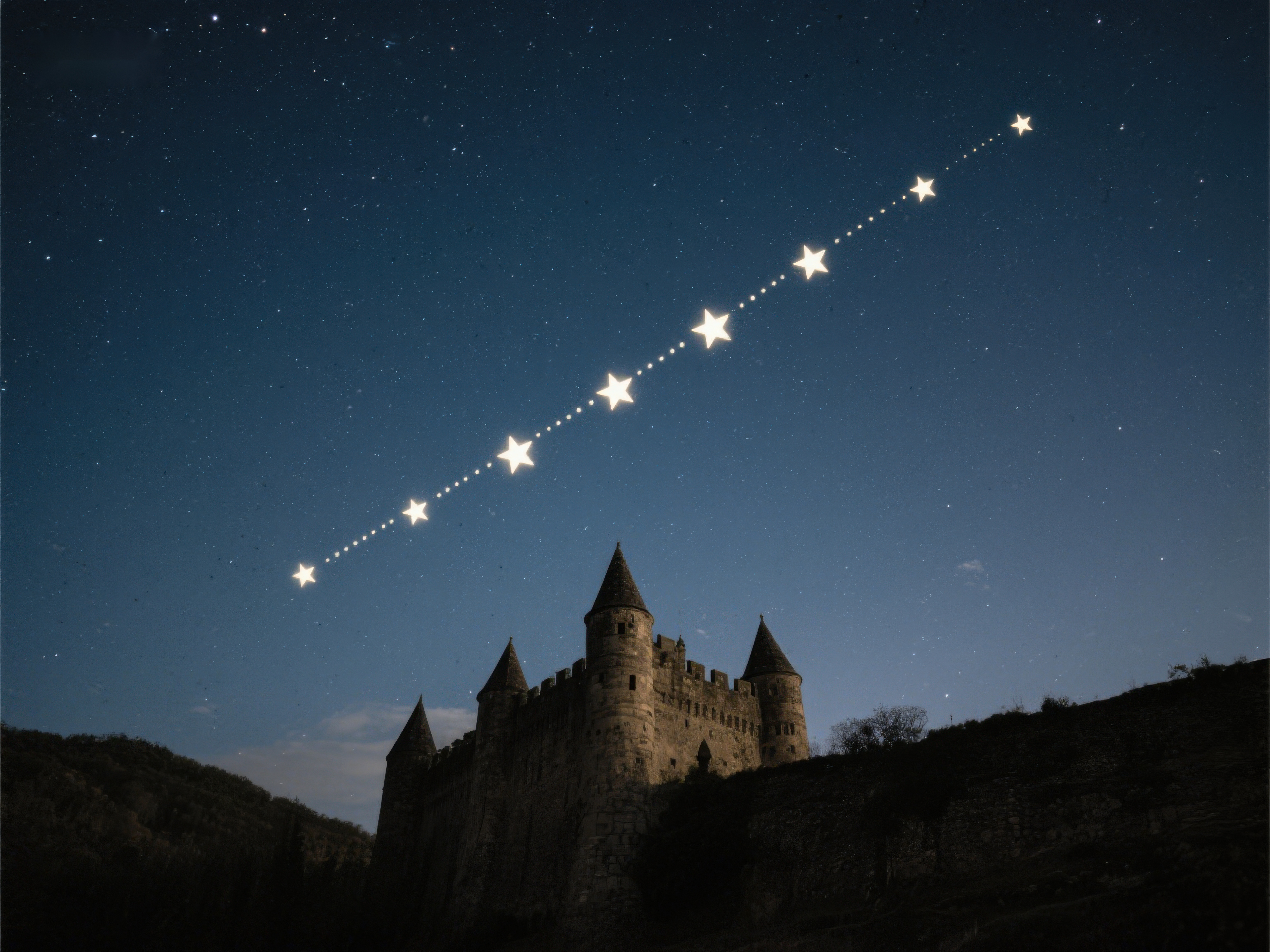 夜空下的古堡与星光轨迹素材
