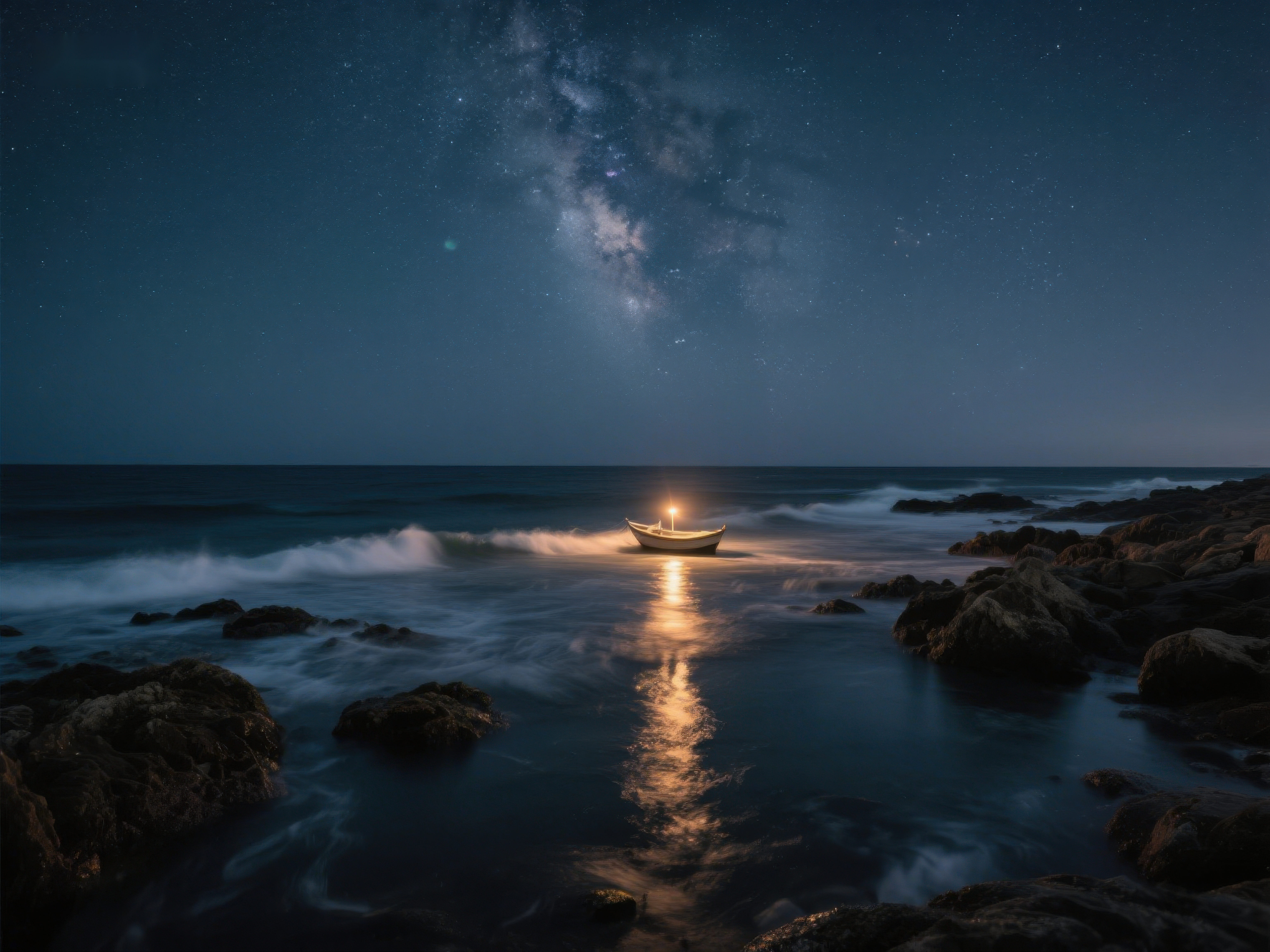 夜空银河下的海边小船素材