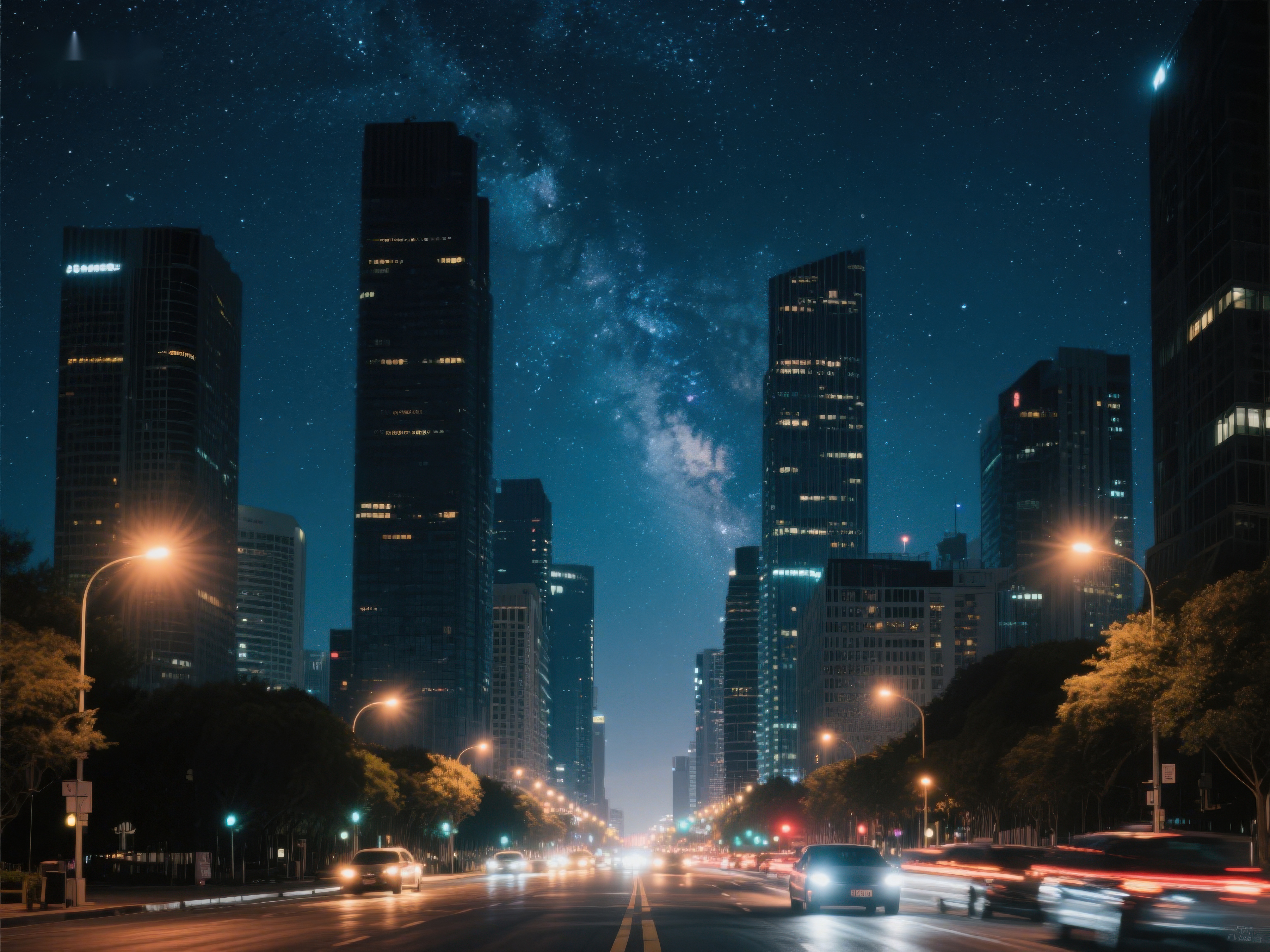 夜幕下的城市与银河素材