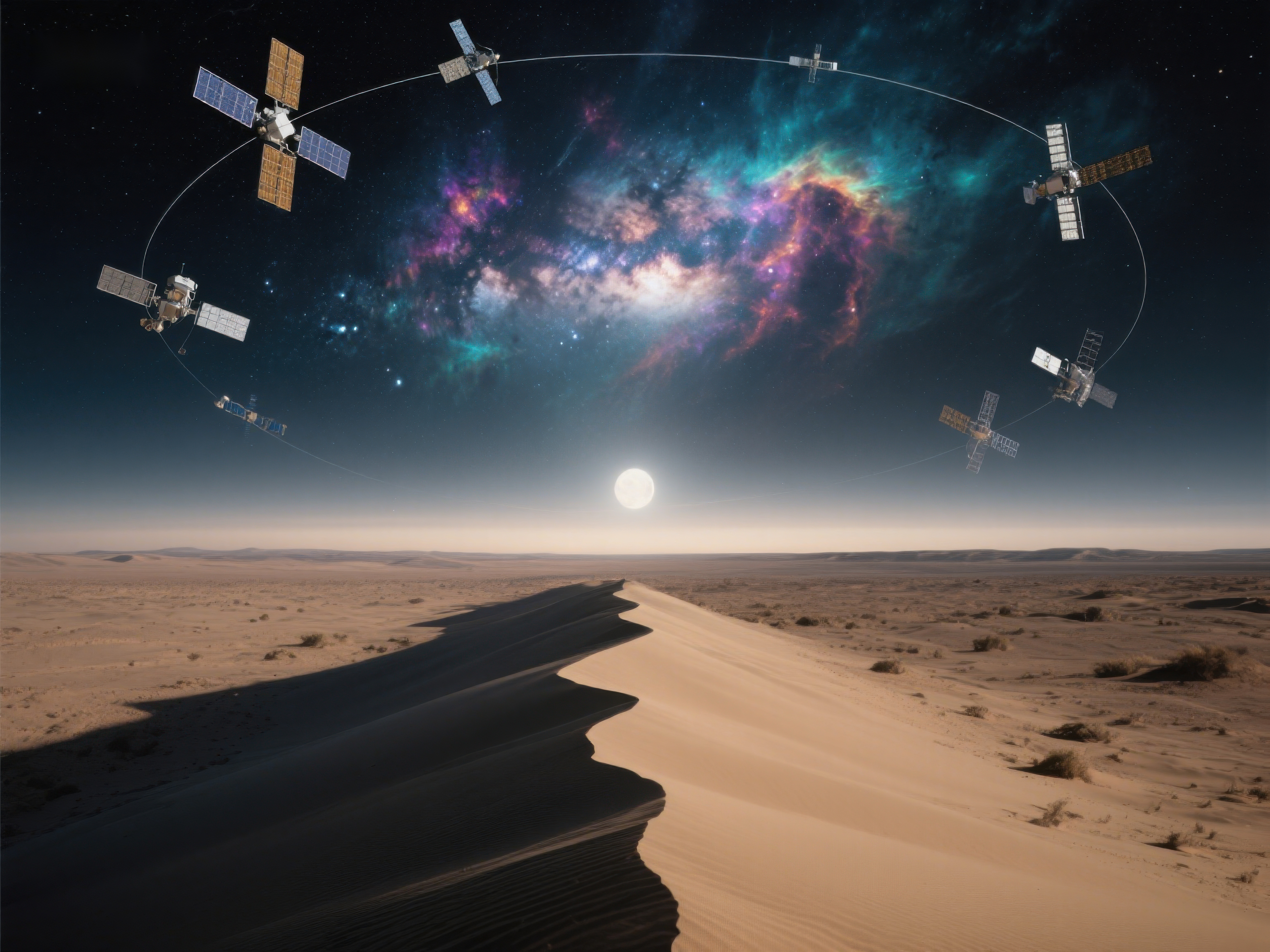 沙漠与星空下的卫星轨迹素材
