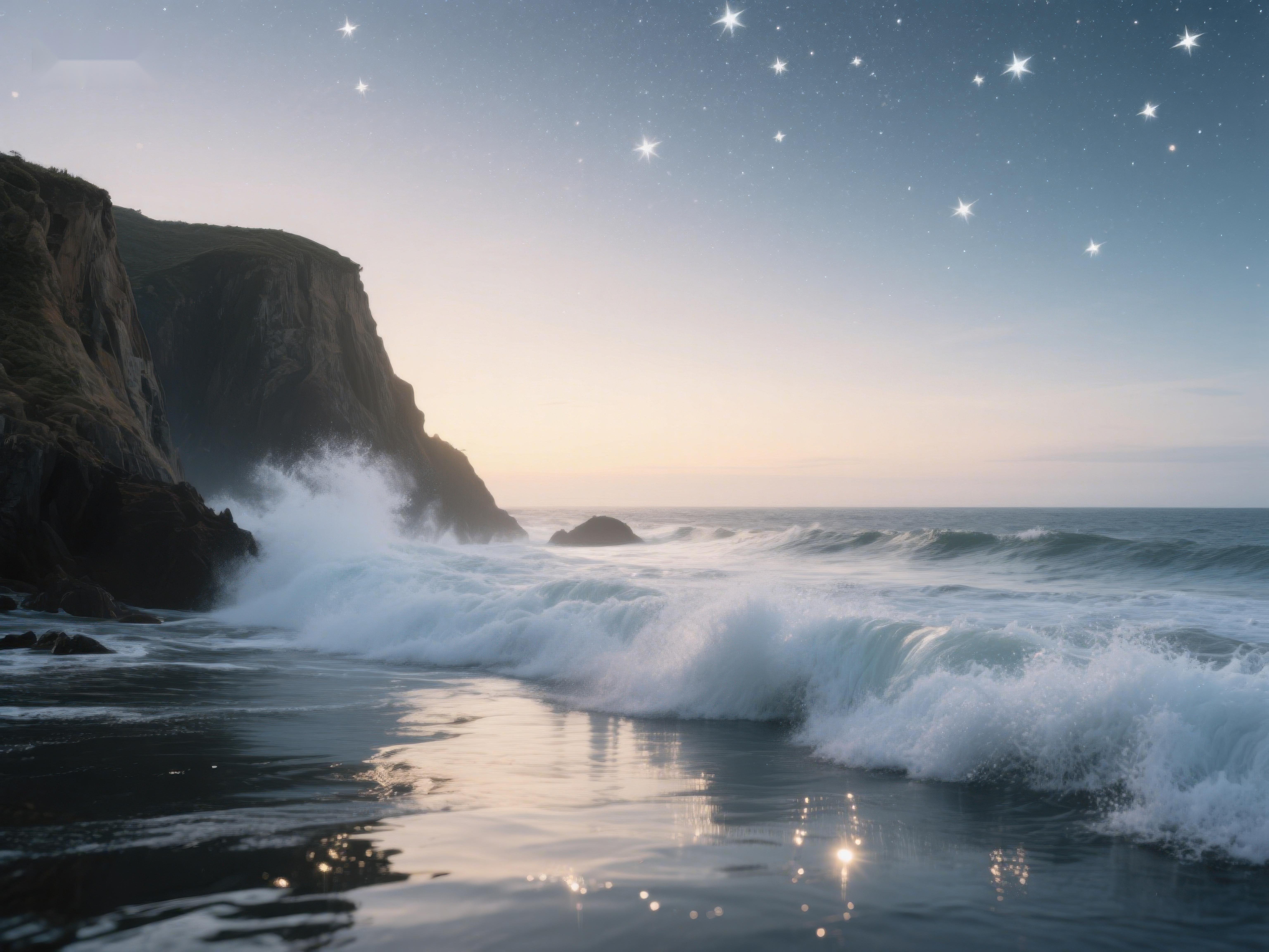 星空下的海浪拍打悬崖素材