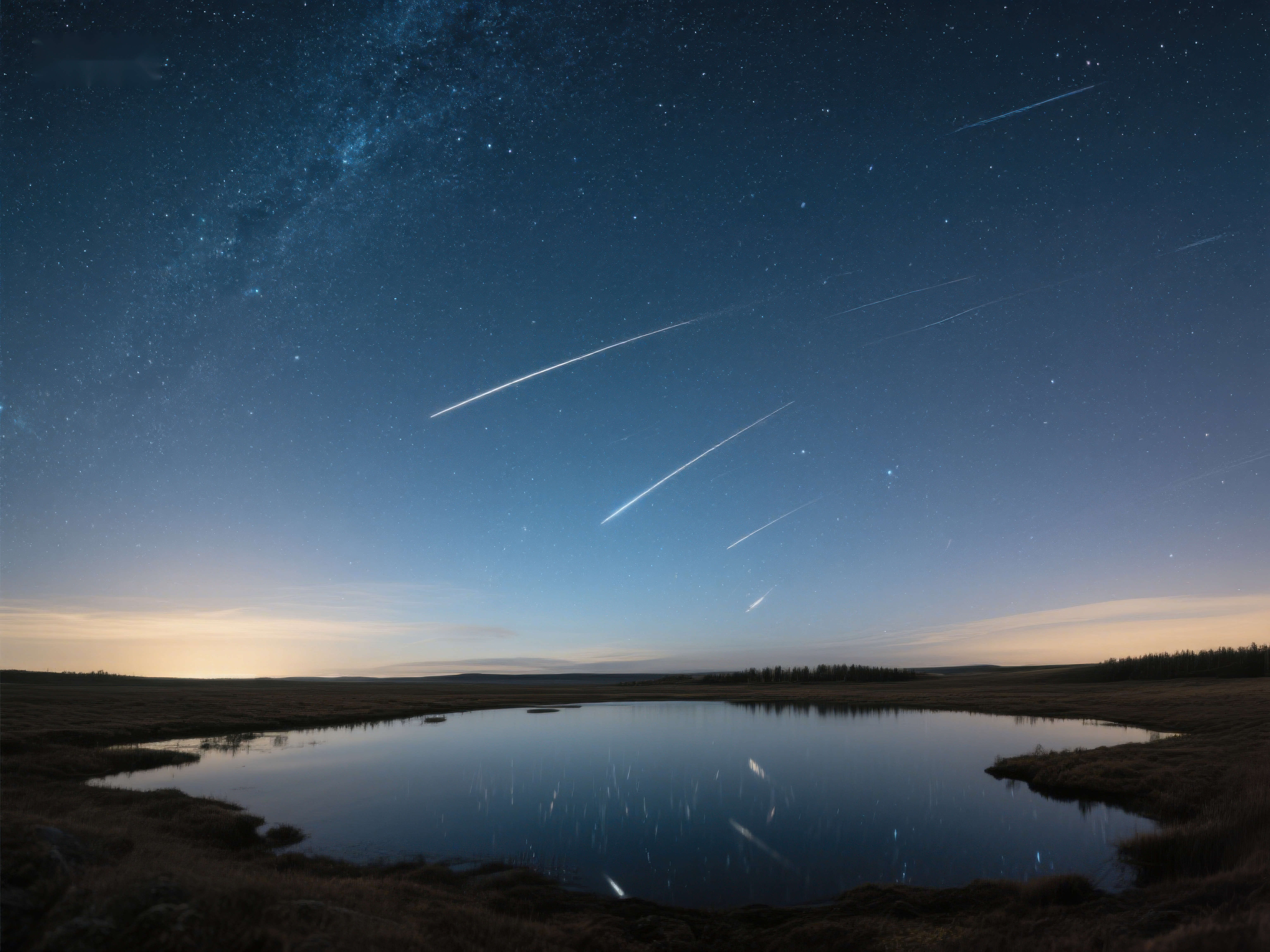 夜空流星划过湖面倒影璀璨素材