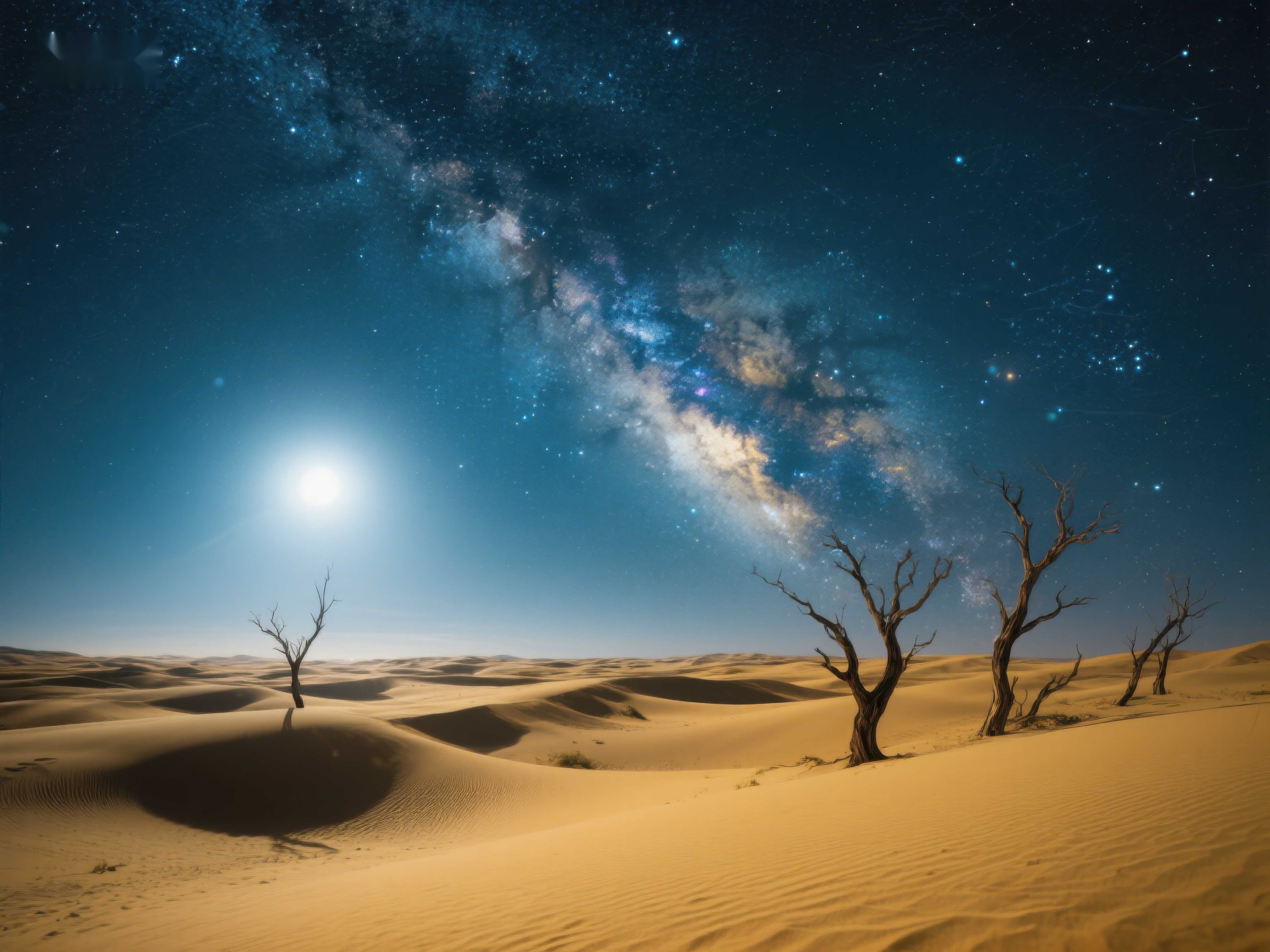 沙漠夜景星空下的枯树与沙丘素材