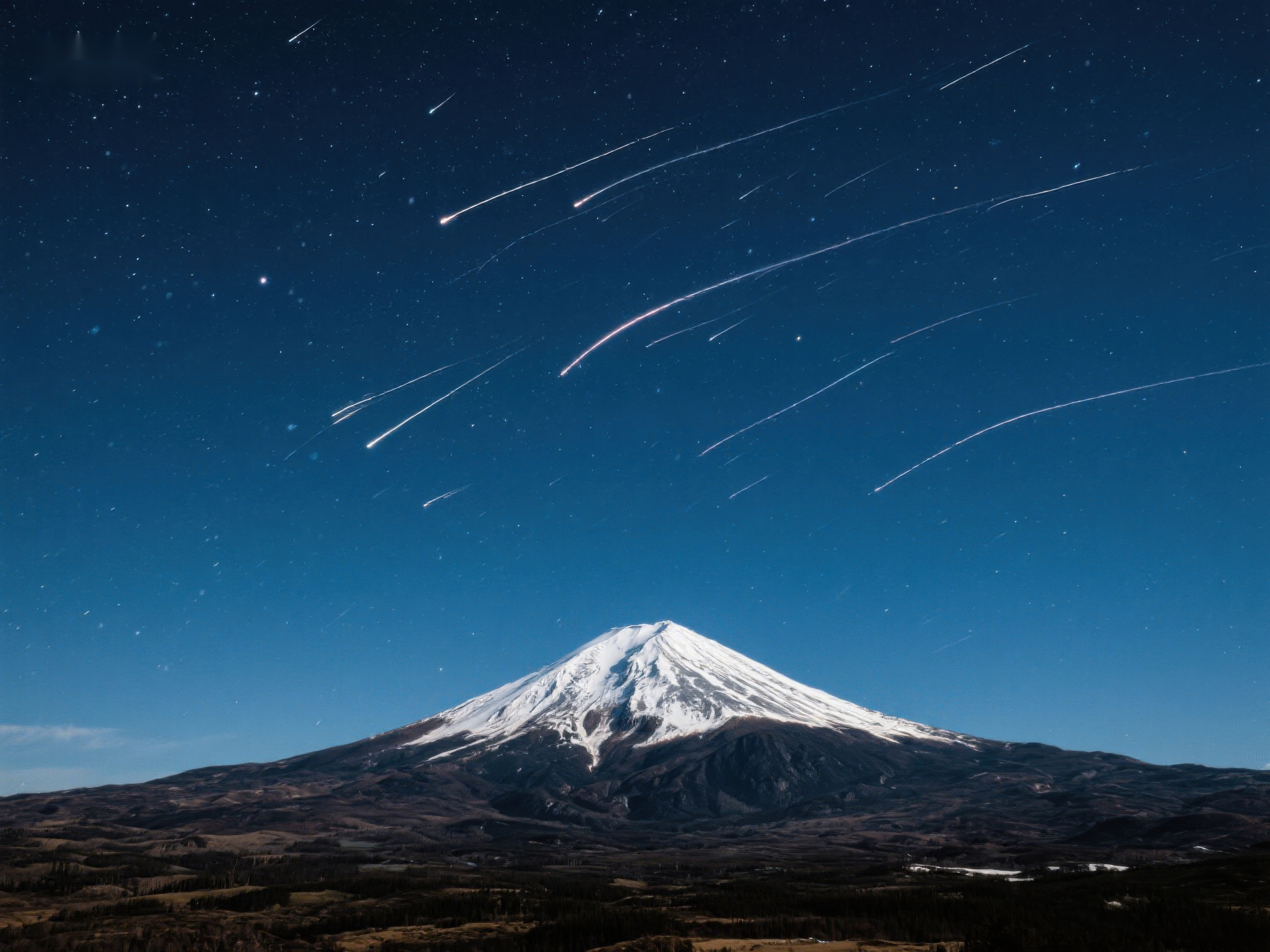 富士山夜景与流星轨迹素材