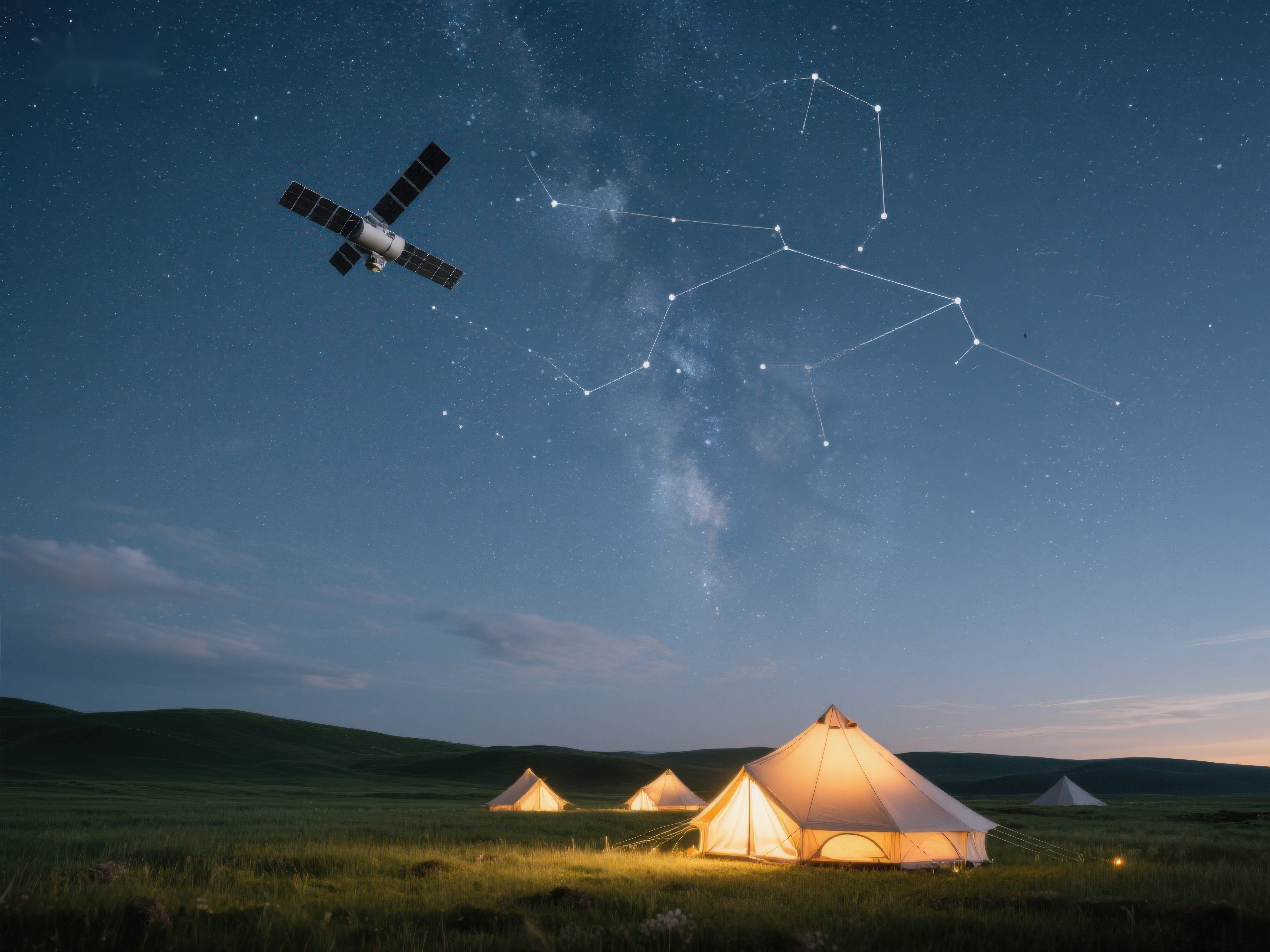 星空下的帐篷与卫星素材