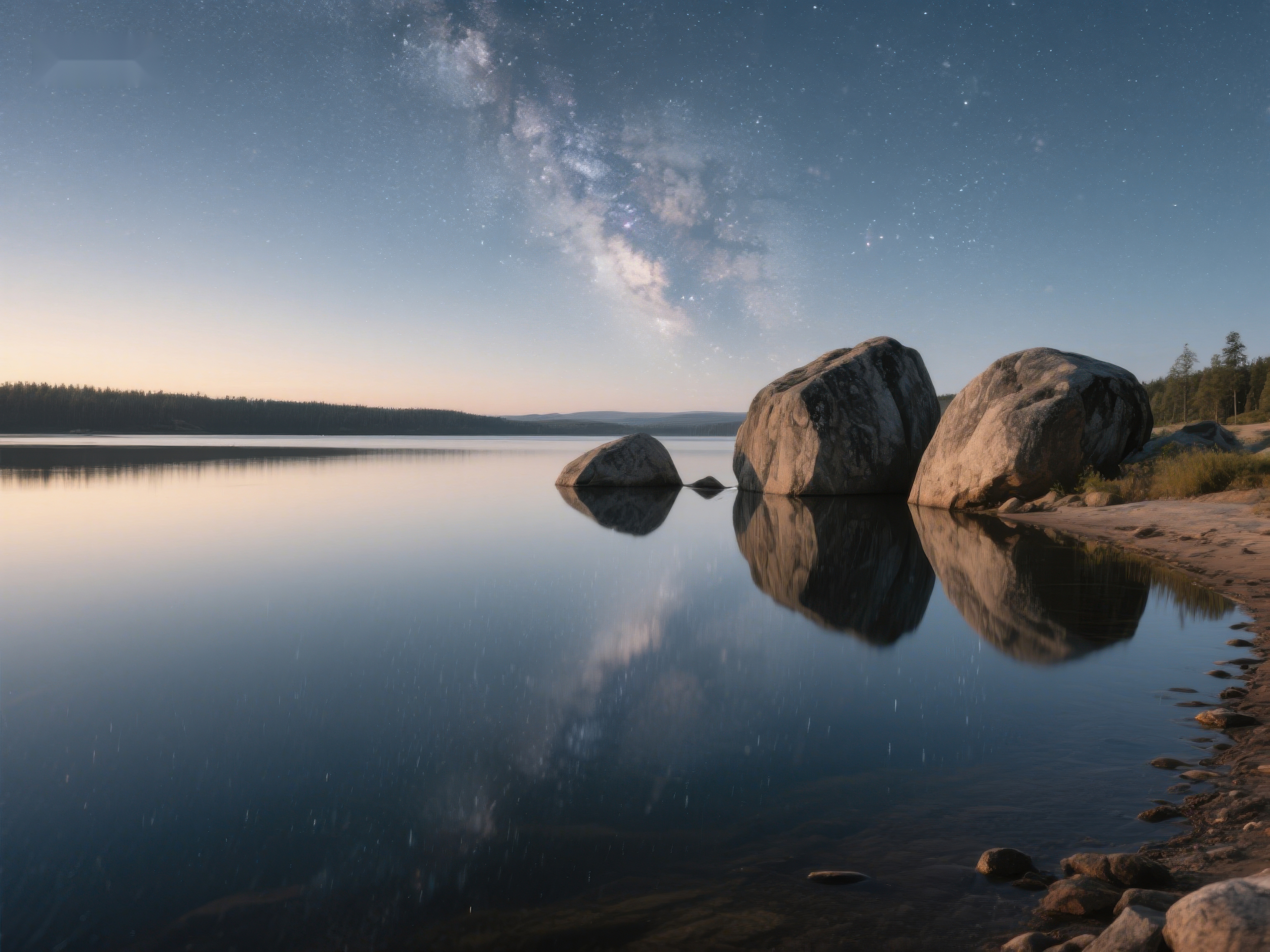 星空下的湖畔巨石素材