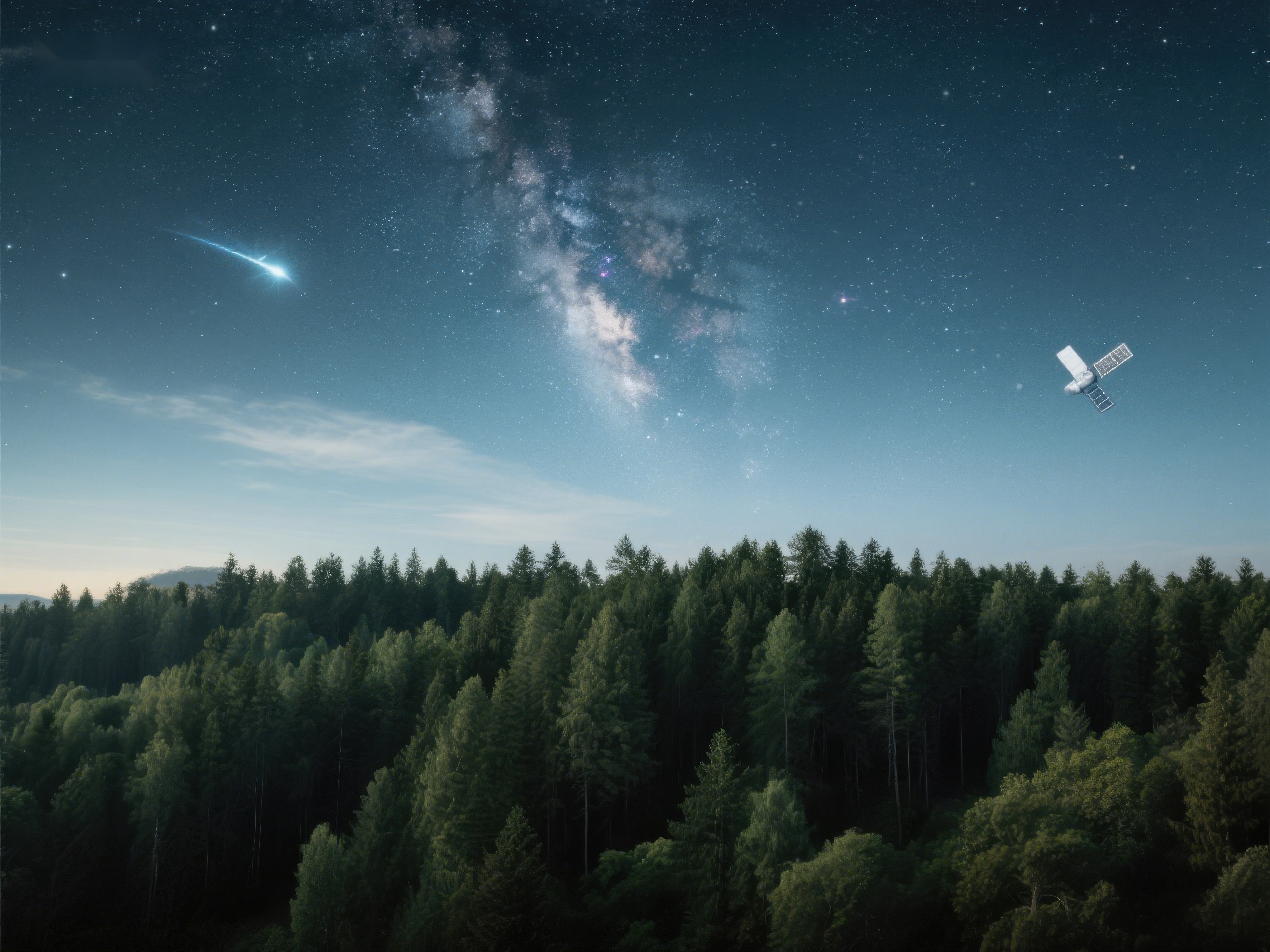 夜空卫星与流星划过森林素材