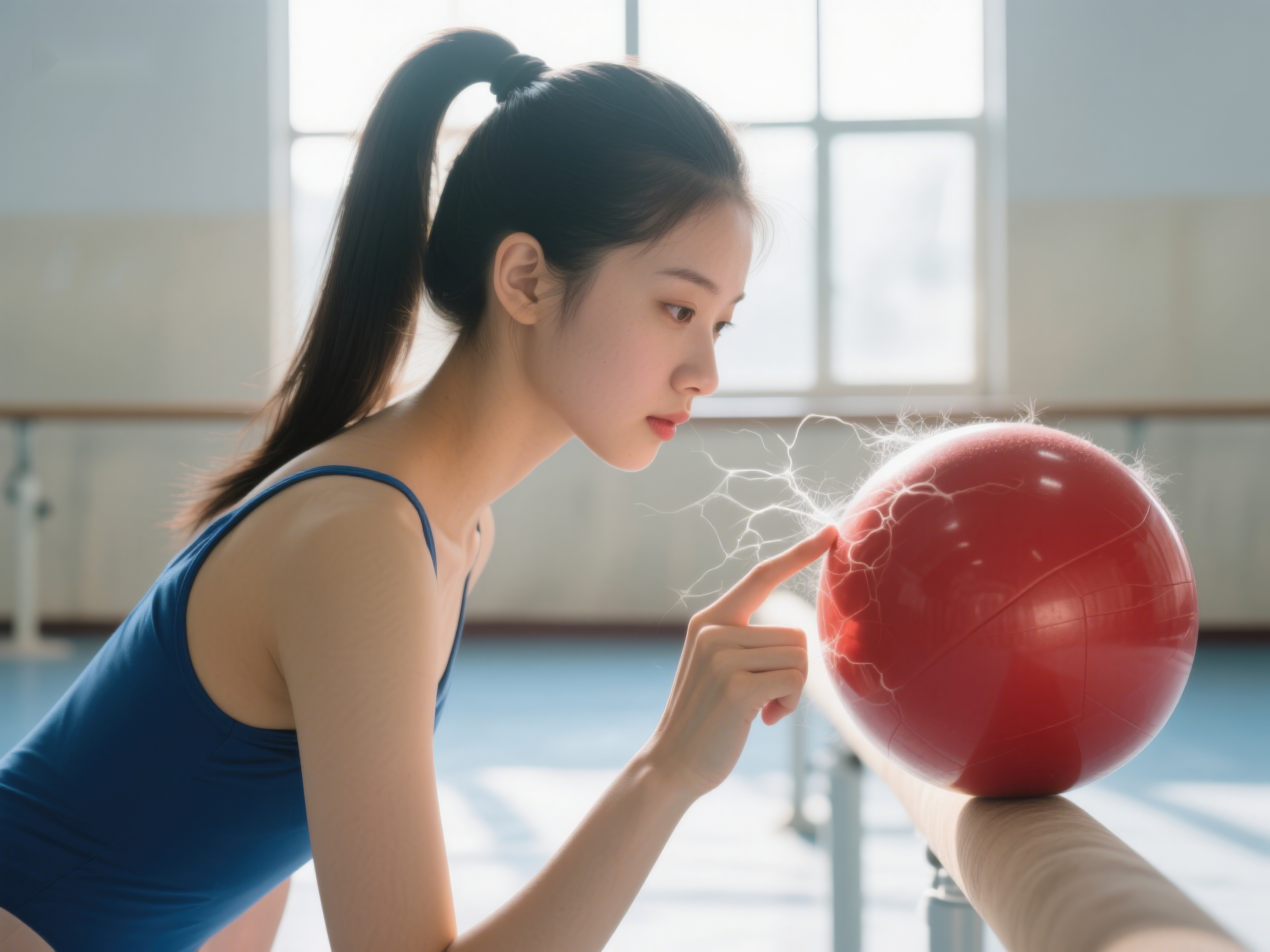 女子健身房内专注吹球素材