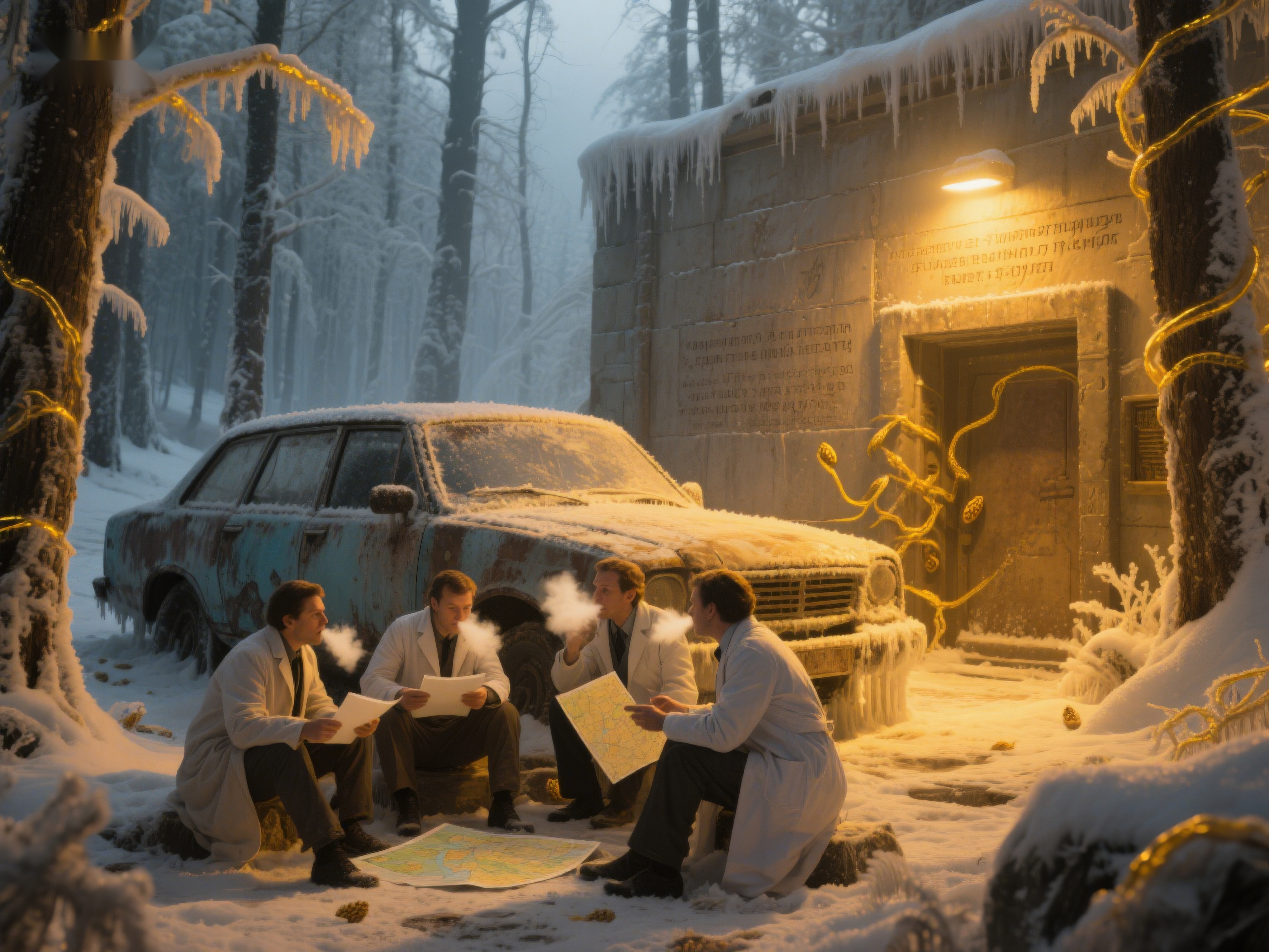 雪夜中的人们围坐讨论素材
