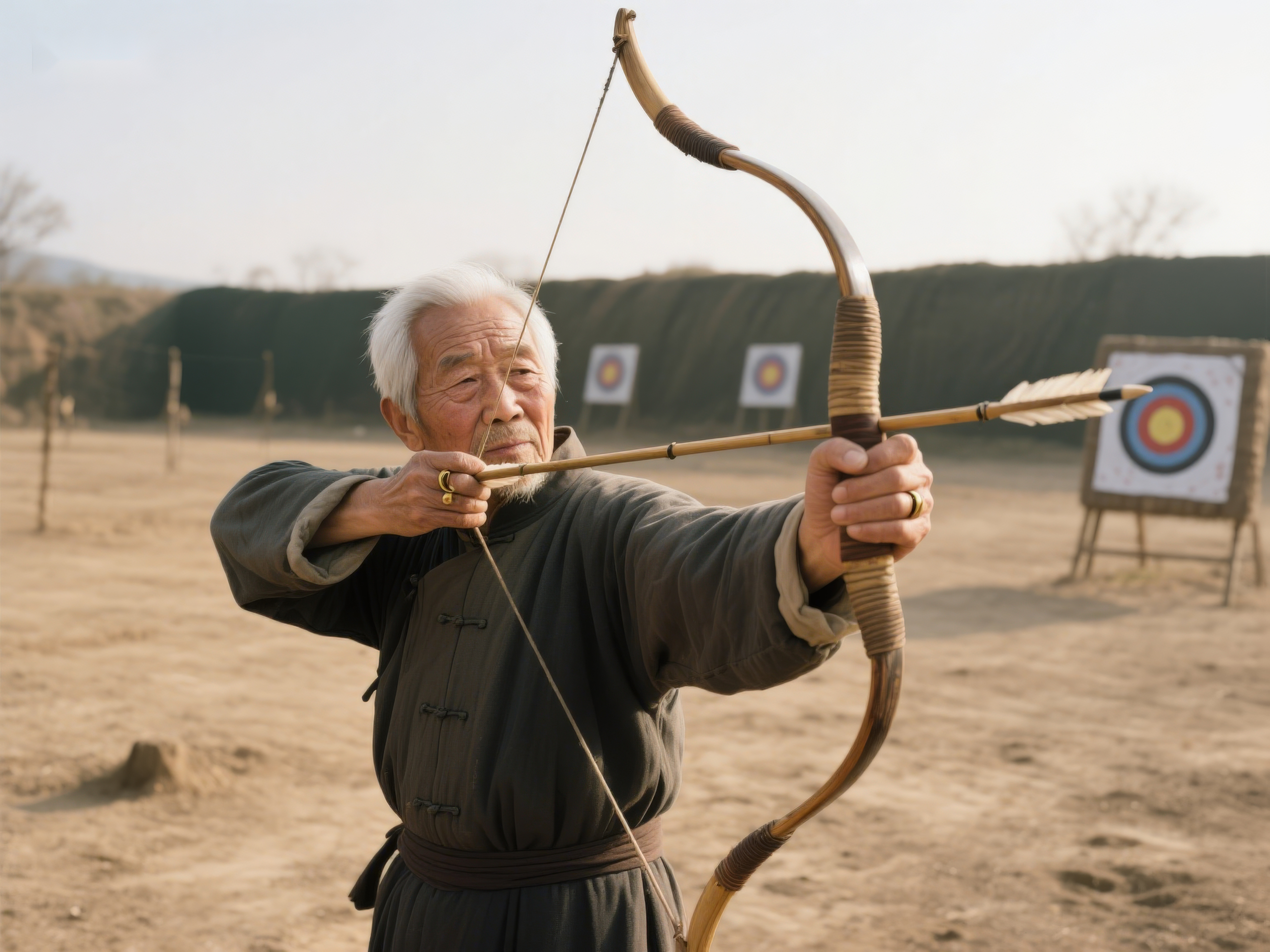 老人专注射箭背景靶场清晰可见素材
