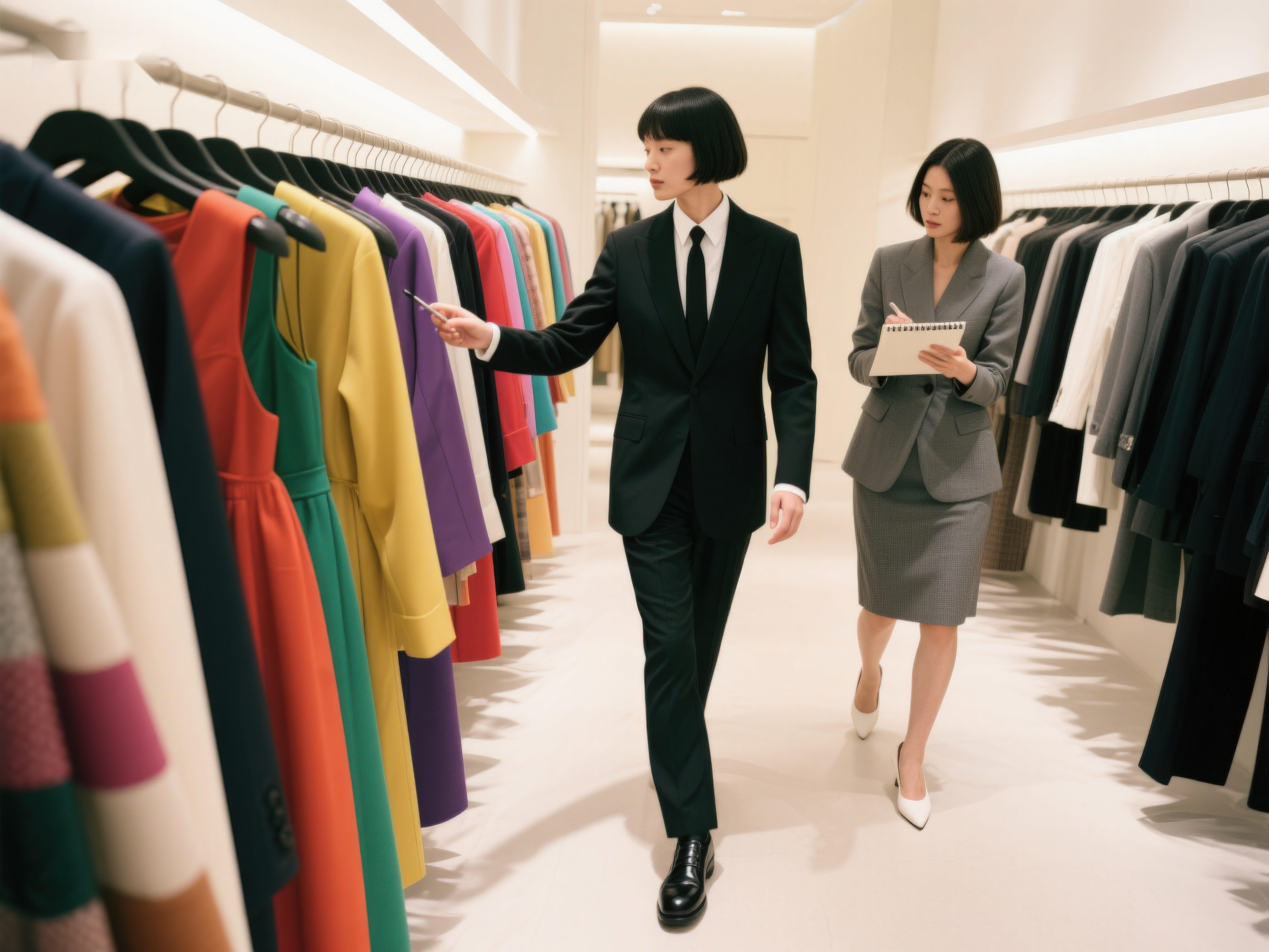 时尚店中两位女性讨论服装素材