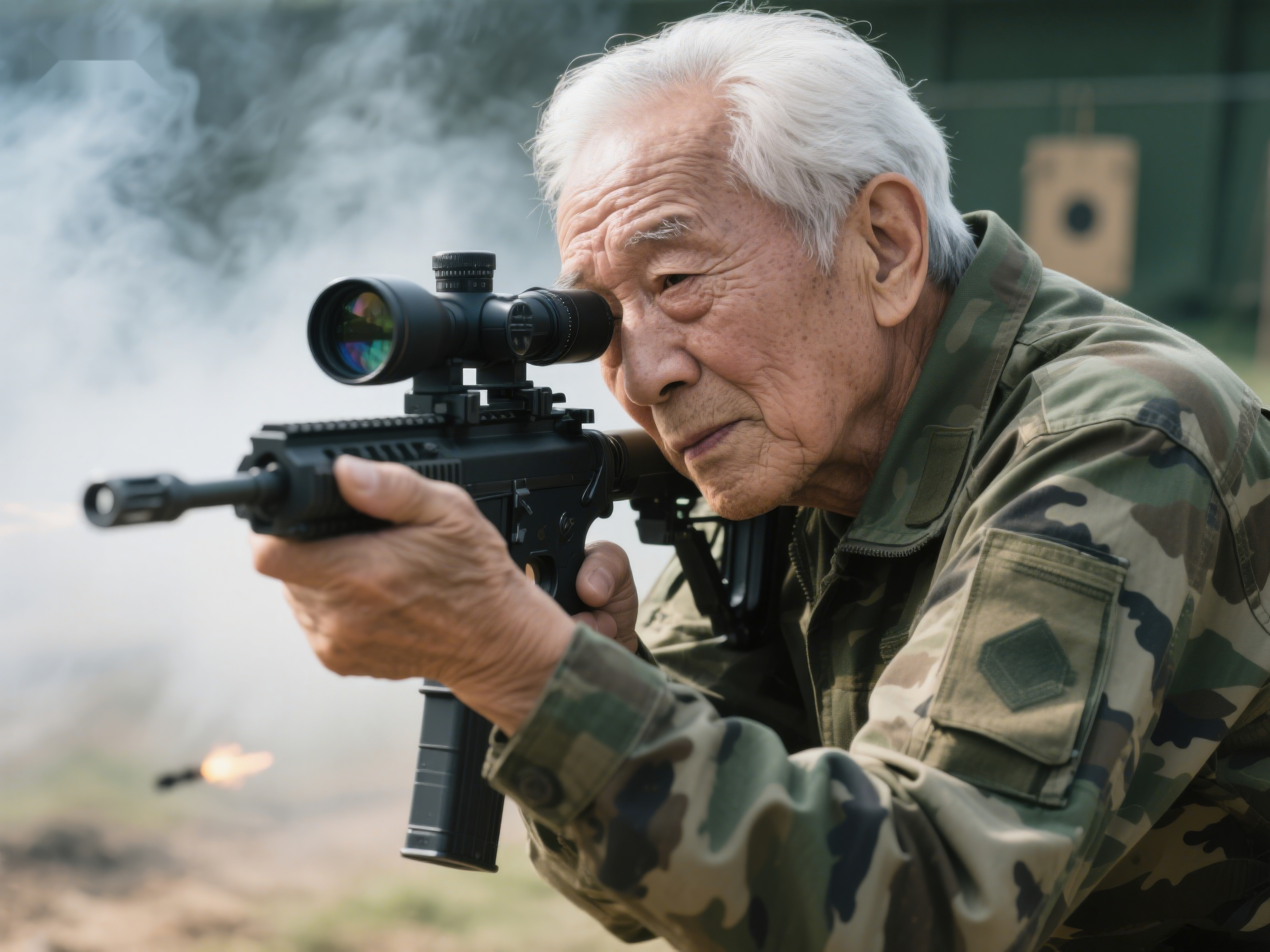 老人专注射击烟雾缭绕素材