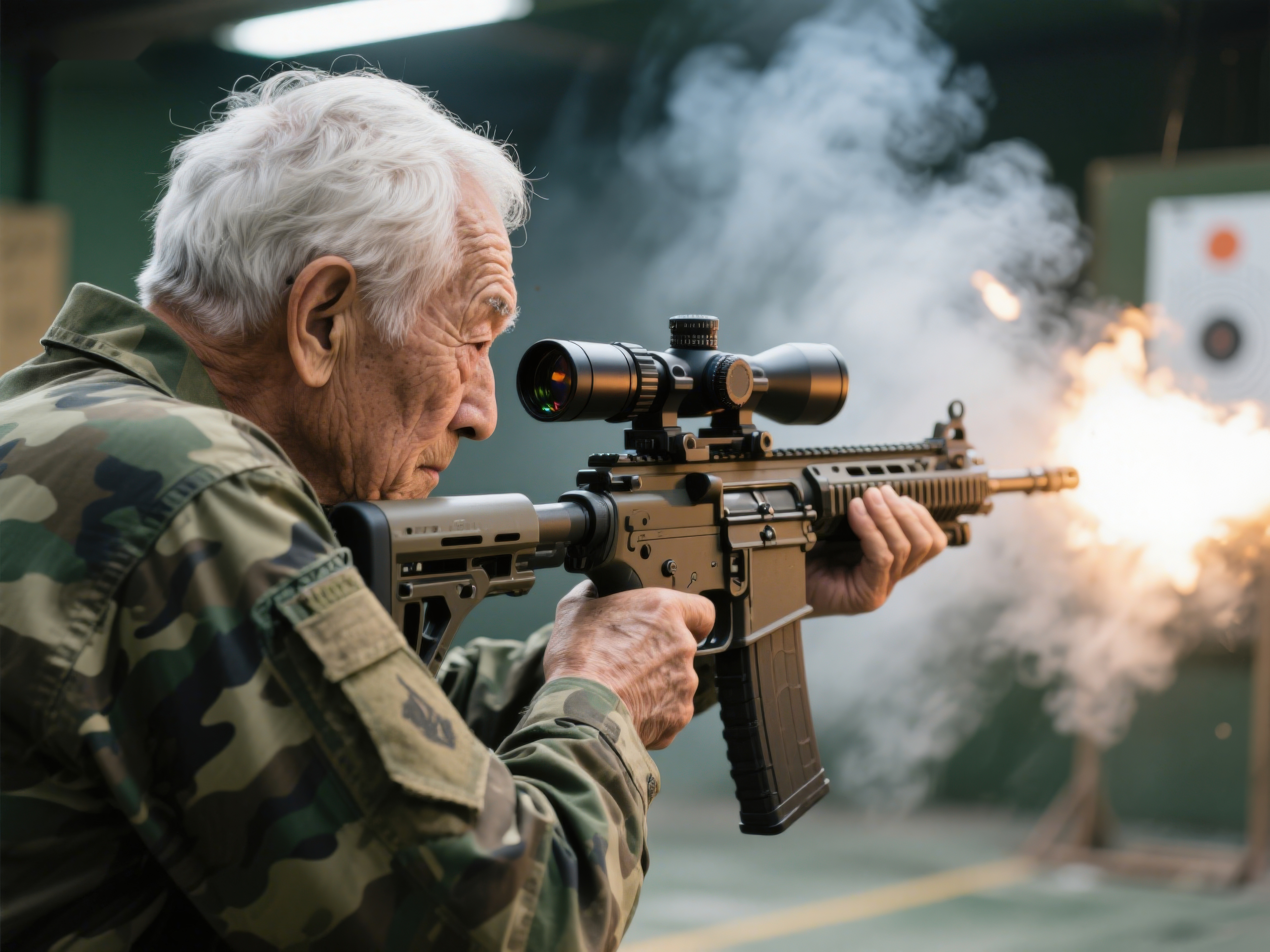 老人在射击场使用步枪射击素材