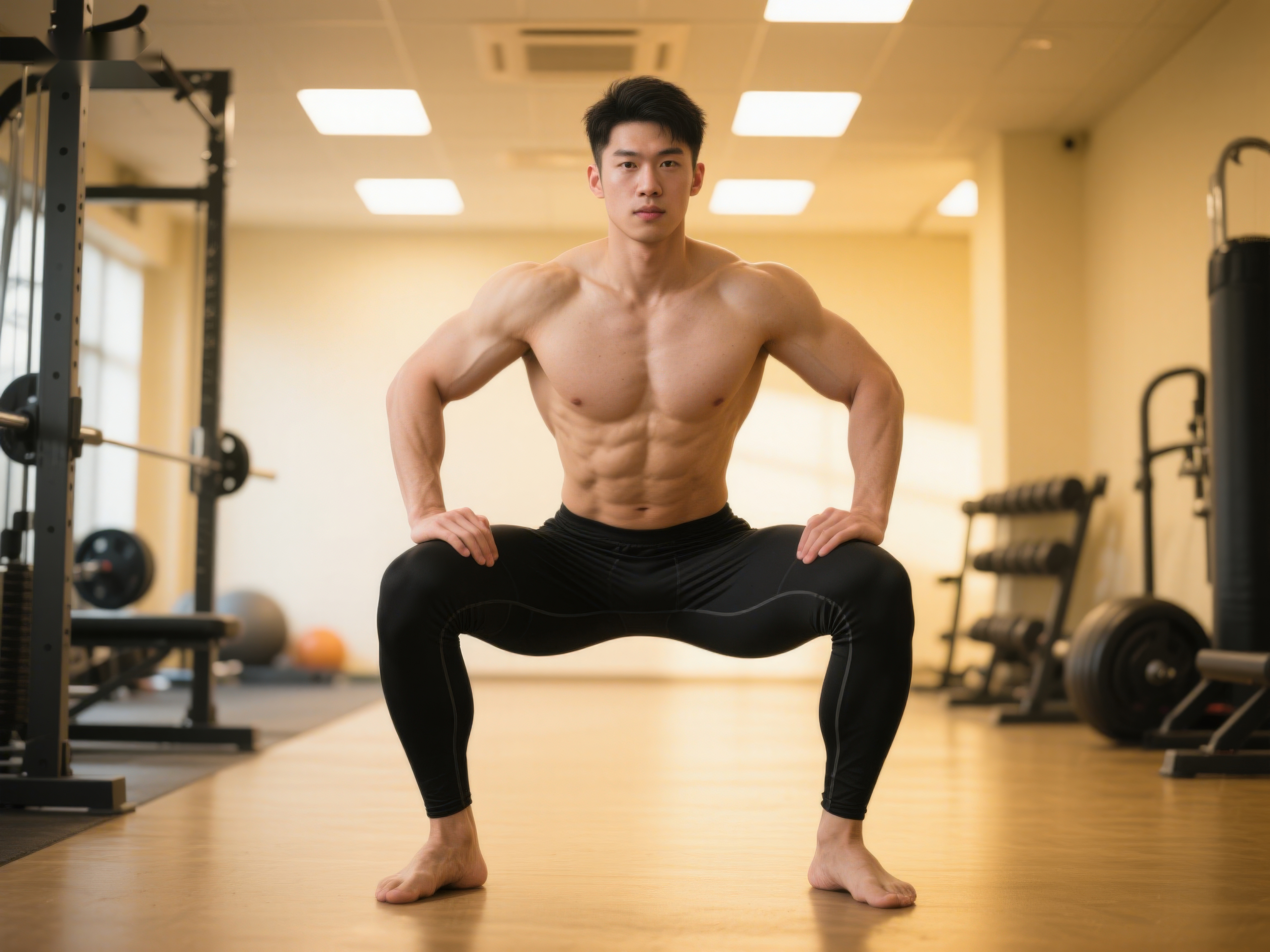 健身房内男子进行深蹲训练素材