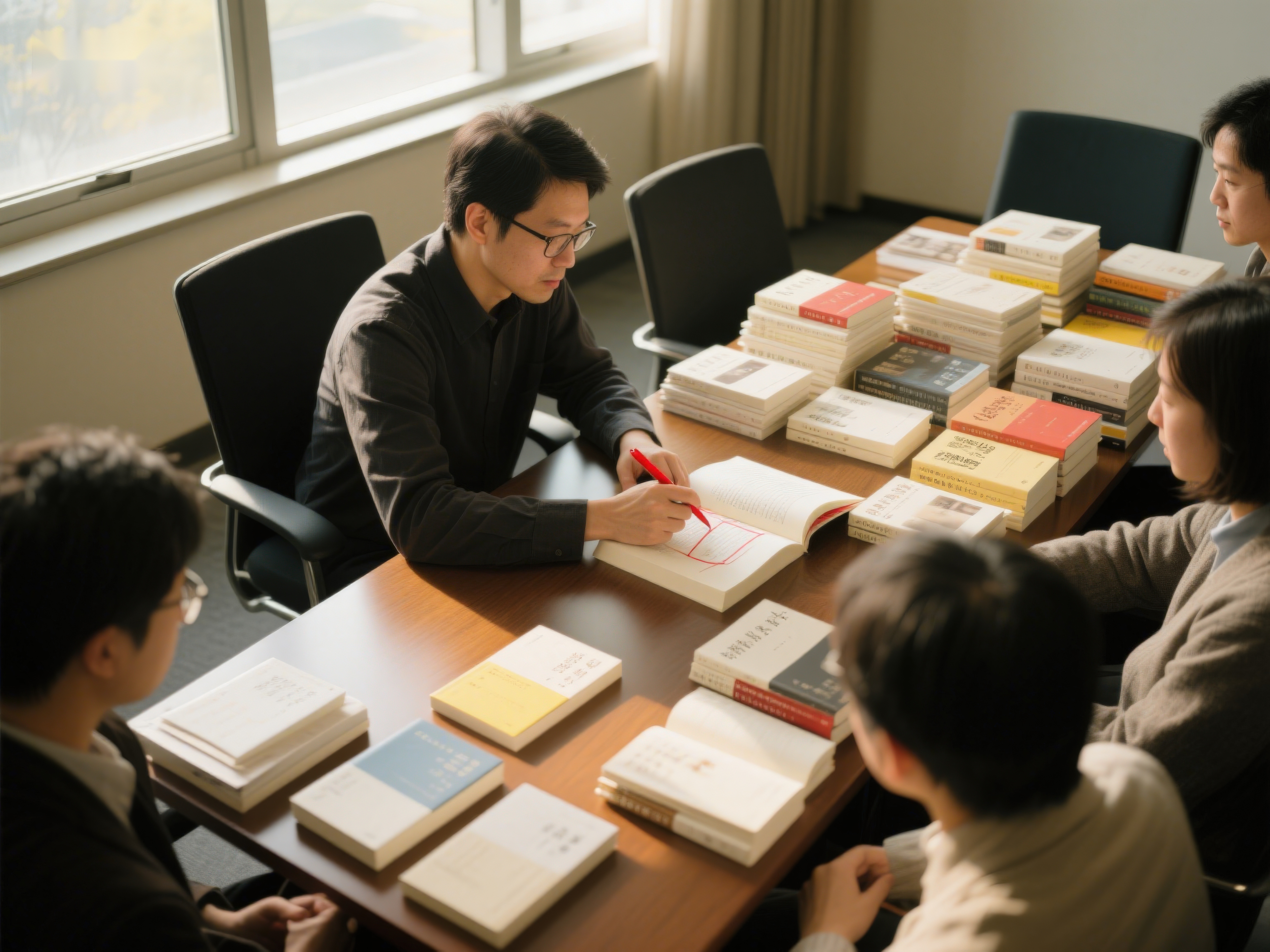 团队围坐讨论书籍素材