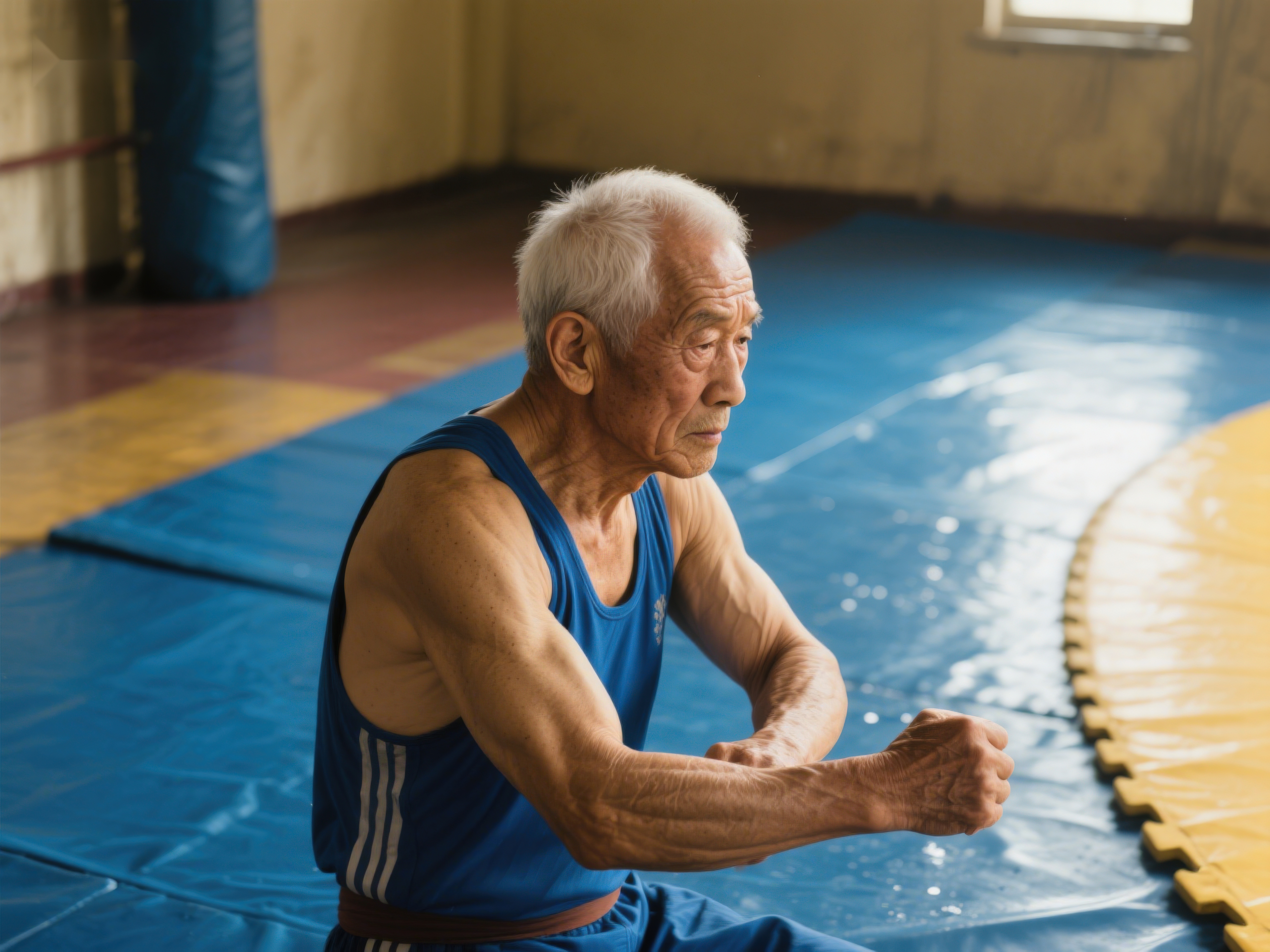 老年男子健身房内进行体能训练素材