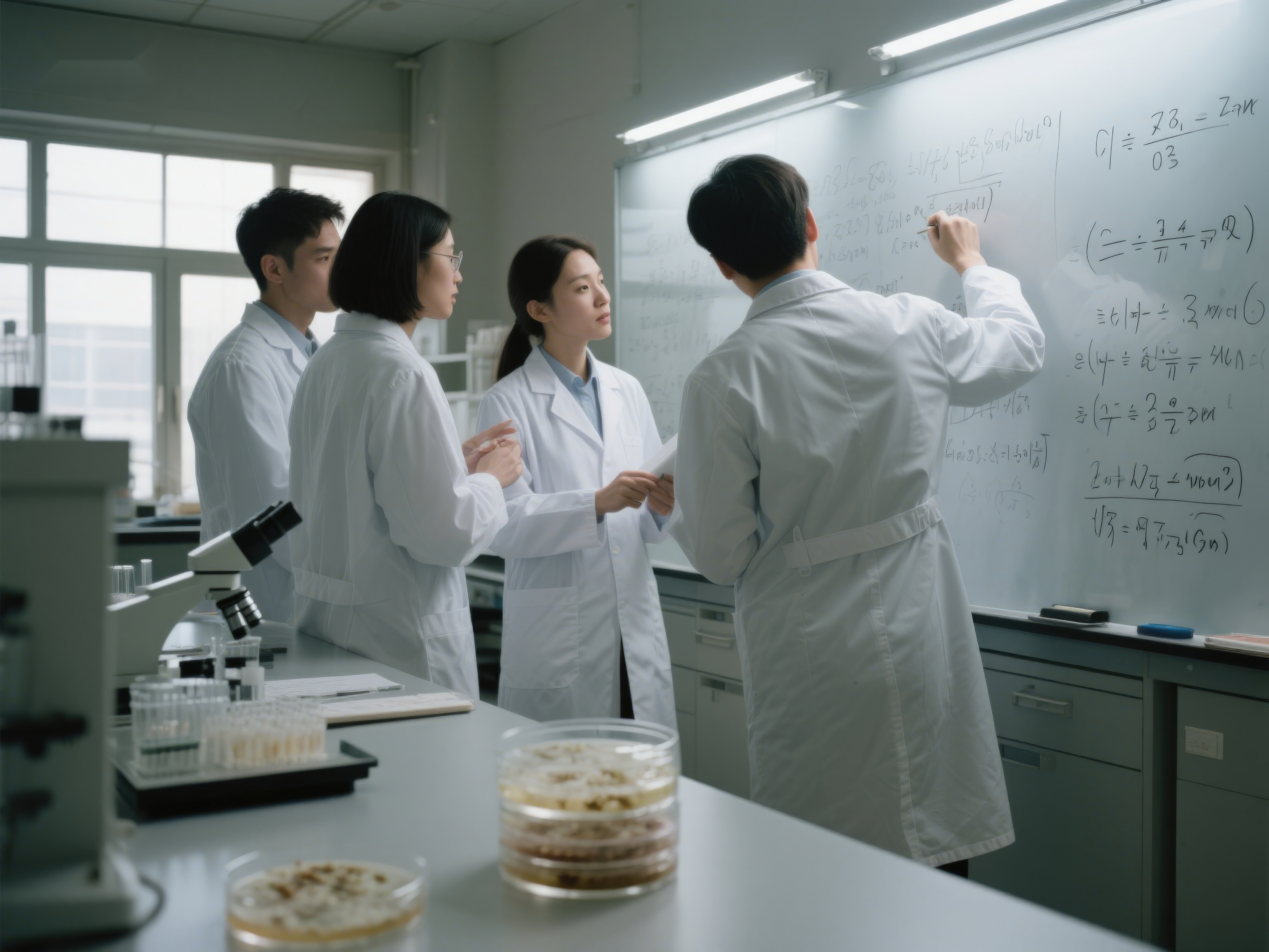 实验室团队讨论科学公式素材