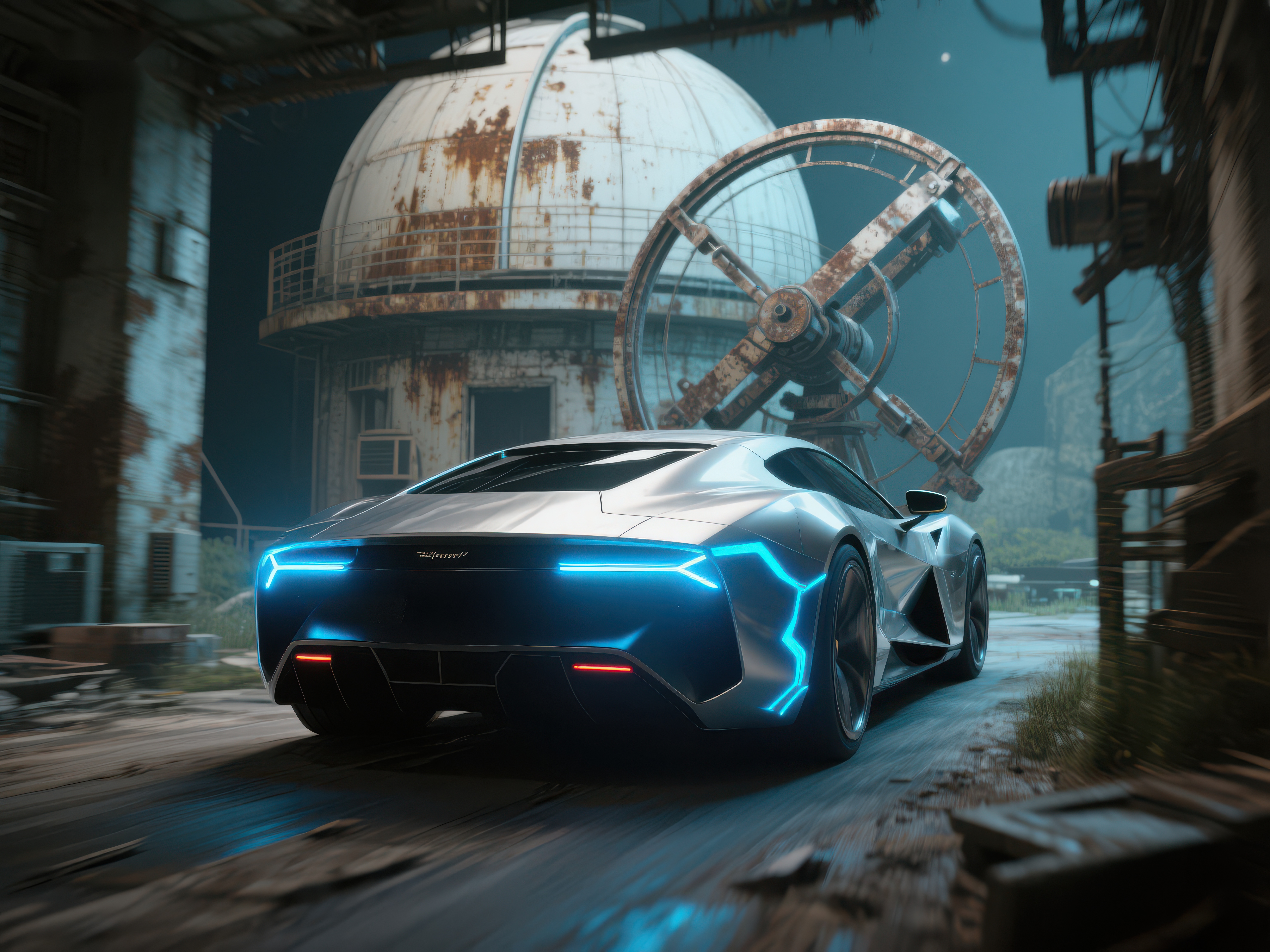 未来赛车穿梭废弃工业区素材