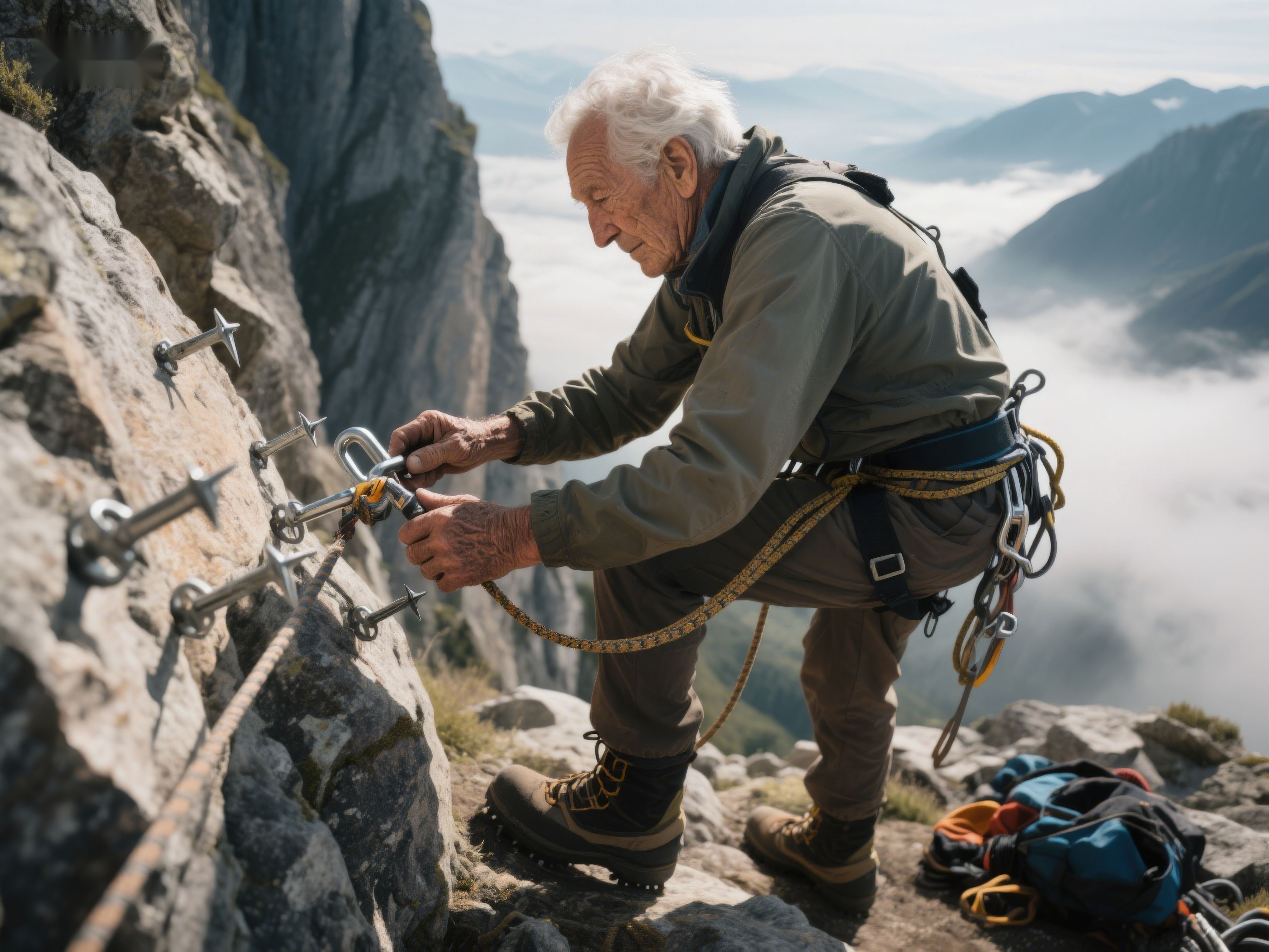 登山者在峭壁上固定安全绳素材