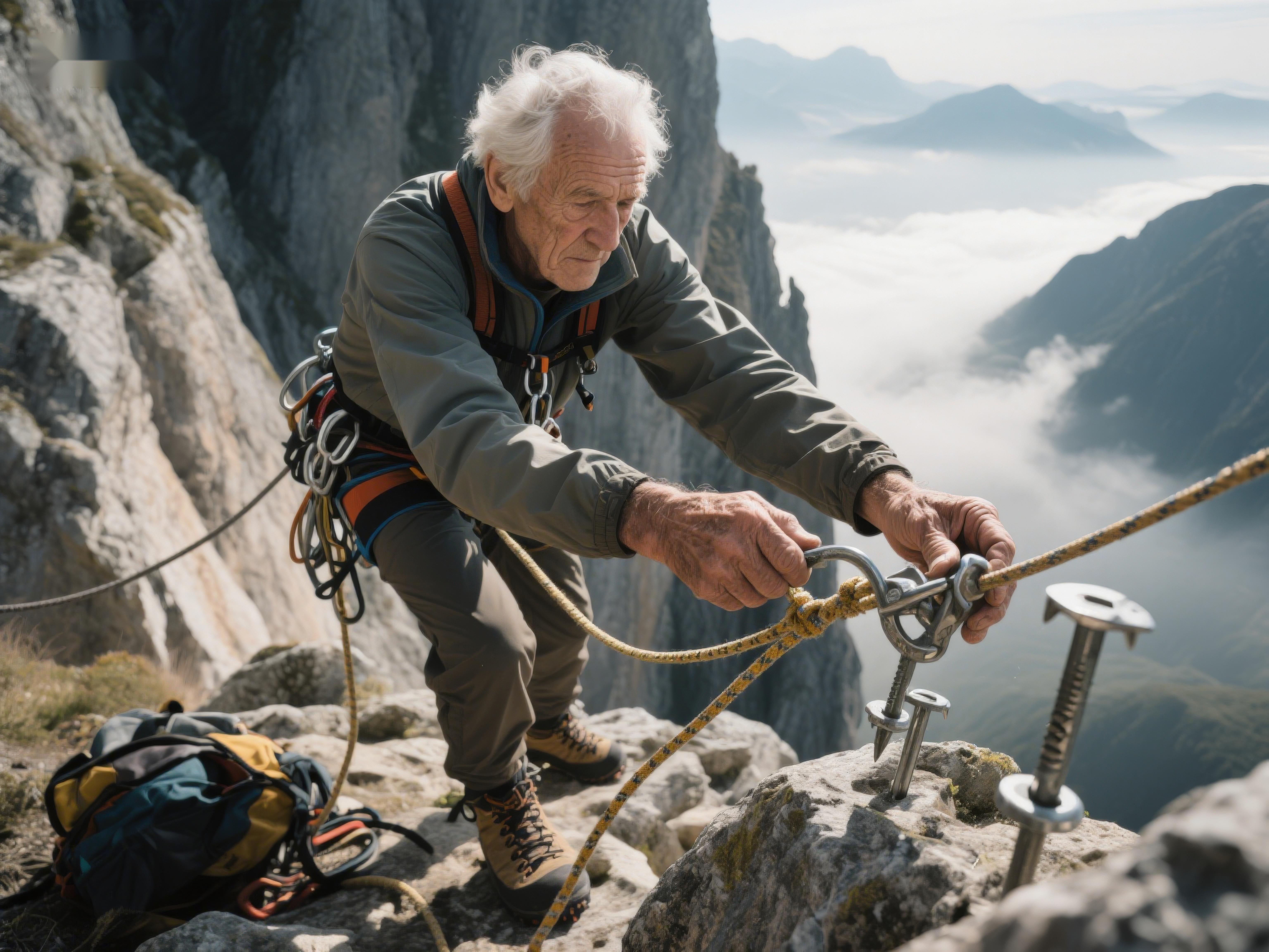登山者在峭壁上调整绳索素材
