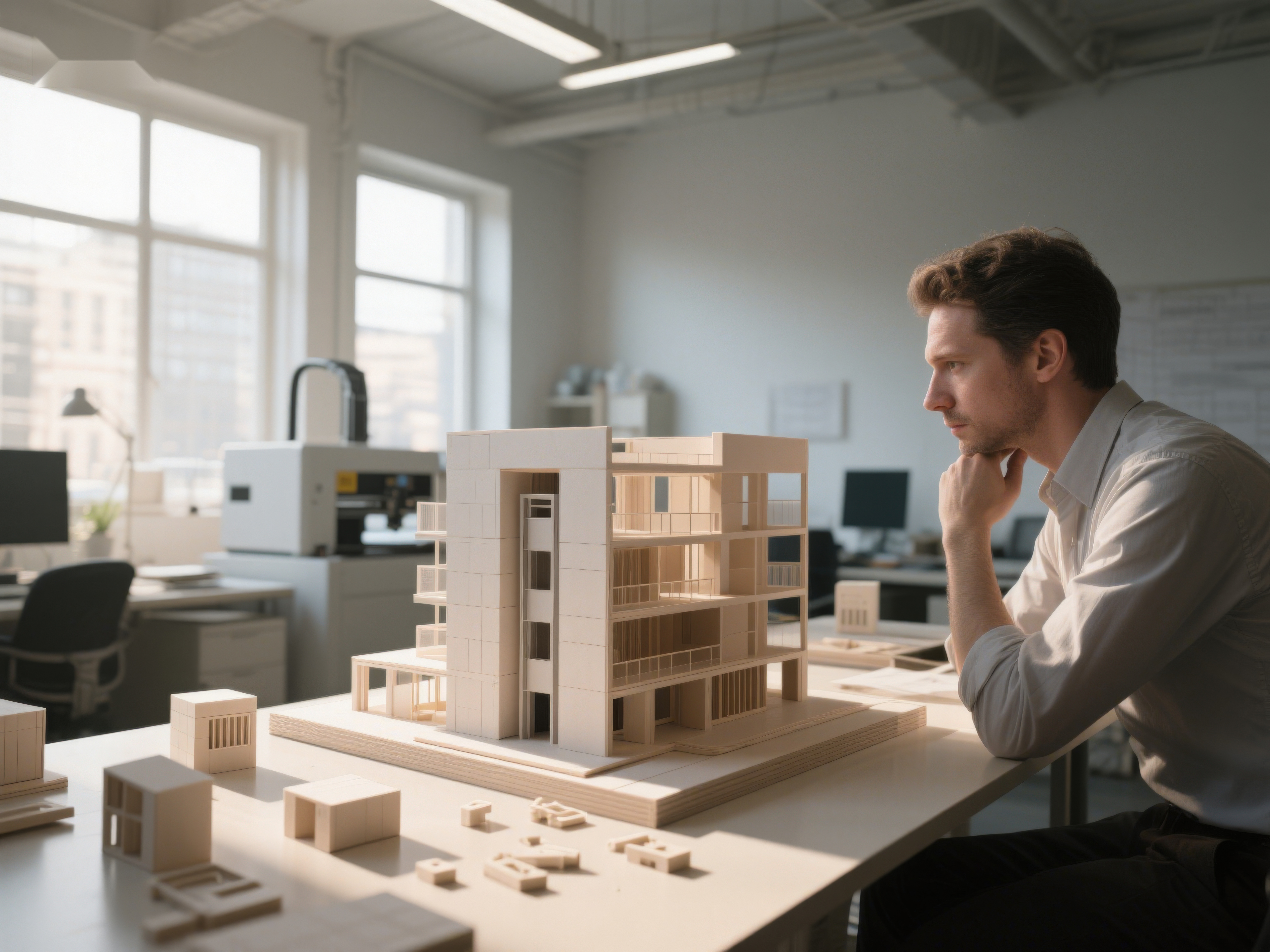 建筑师专注审视建筑模型素材