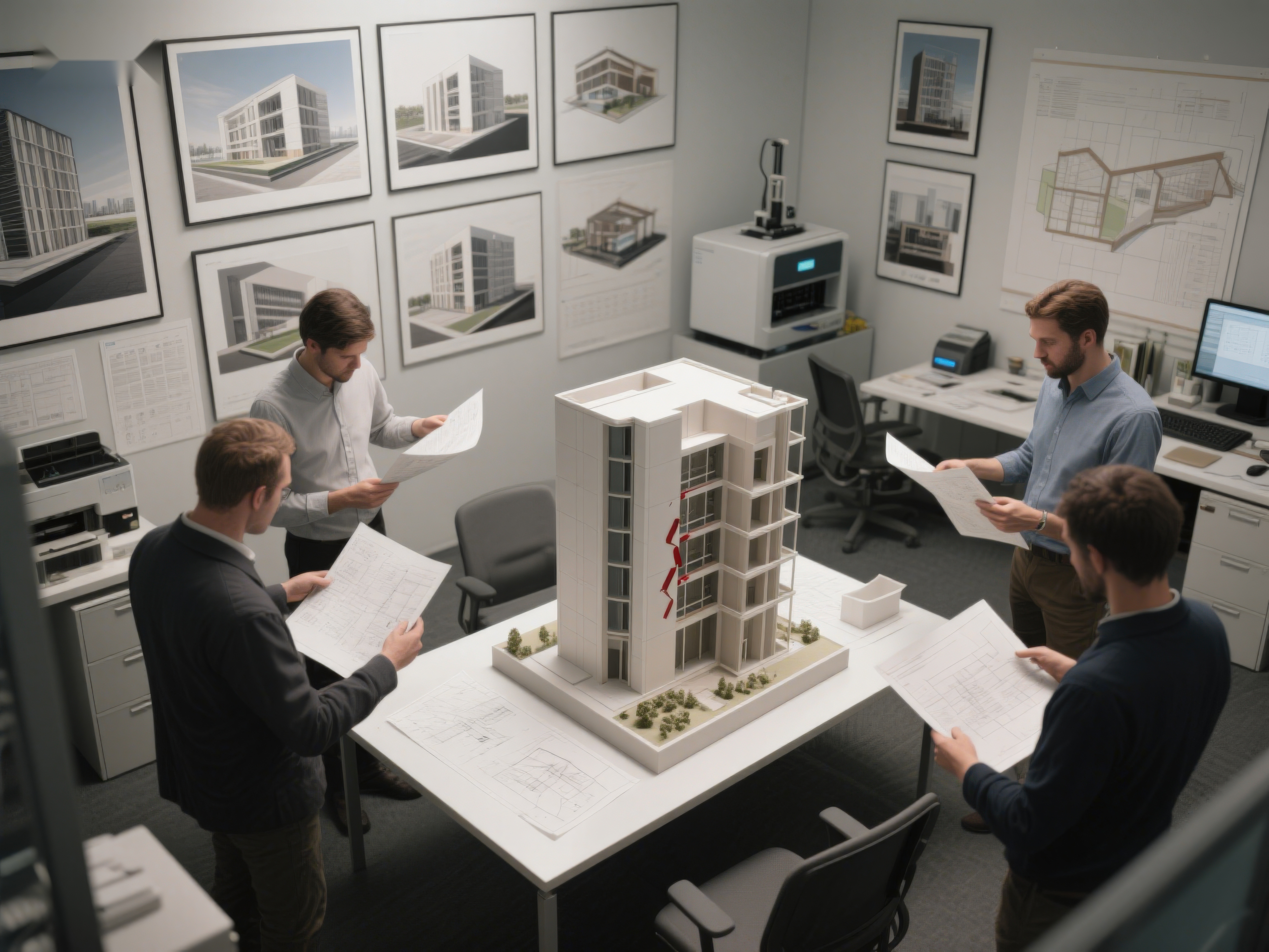 建筑师团队讨论建筑模型素材