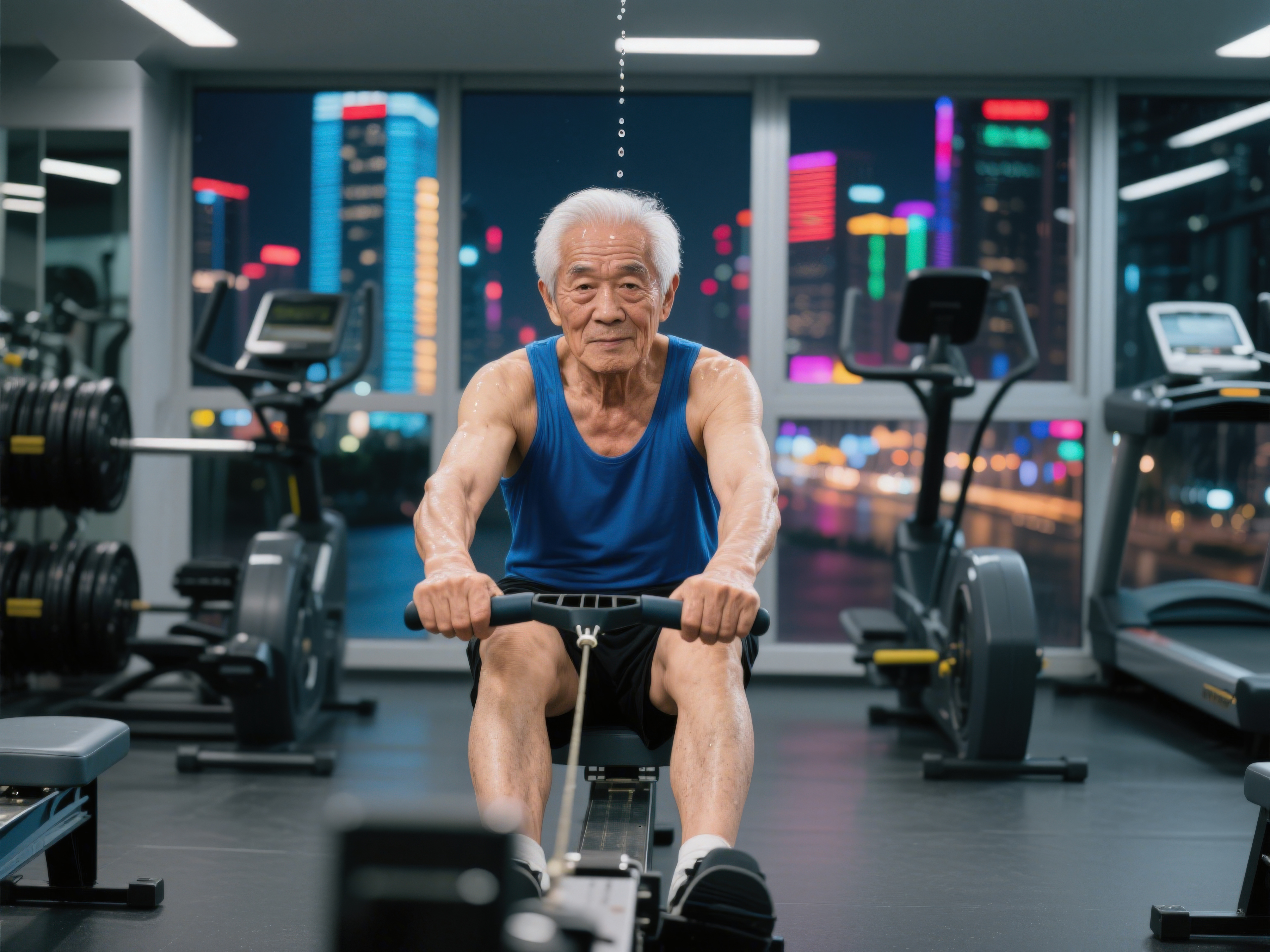 老人健身房划船机锻炼素材