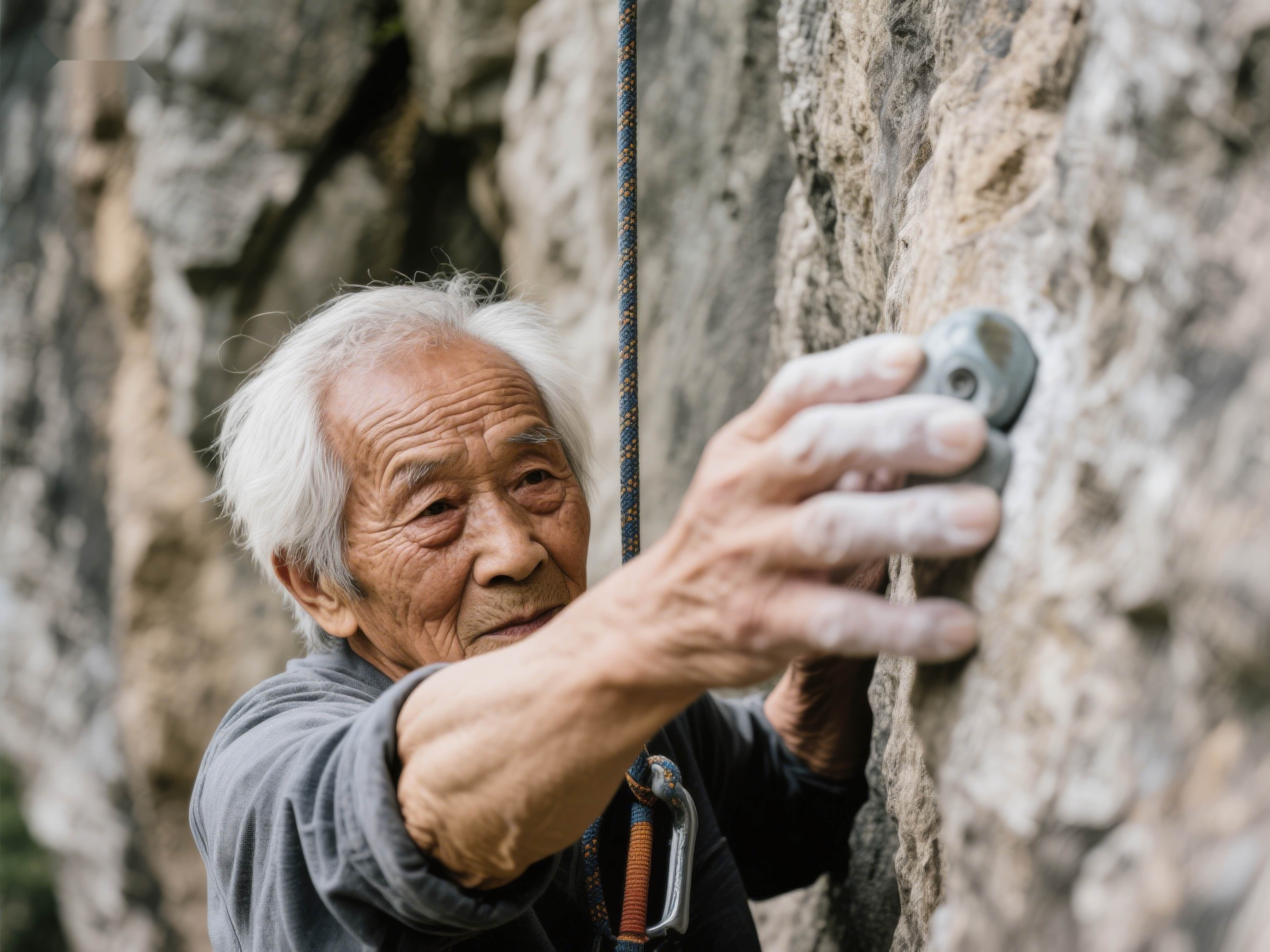 老人专注攀岩手握岩壁素材
