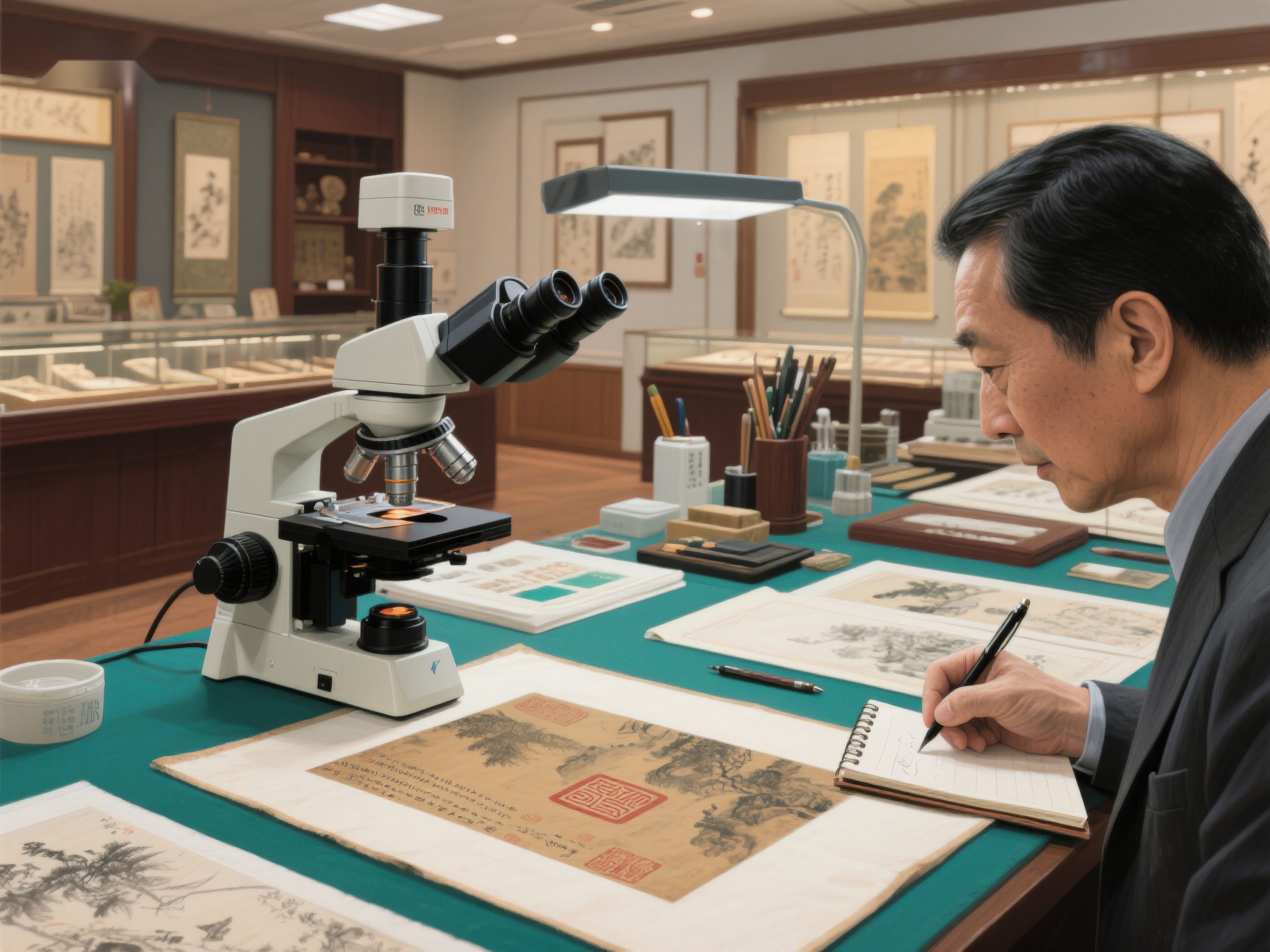 专家在实验室中鉴定古画素材