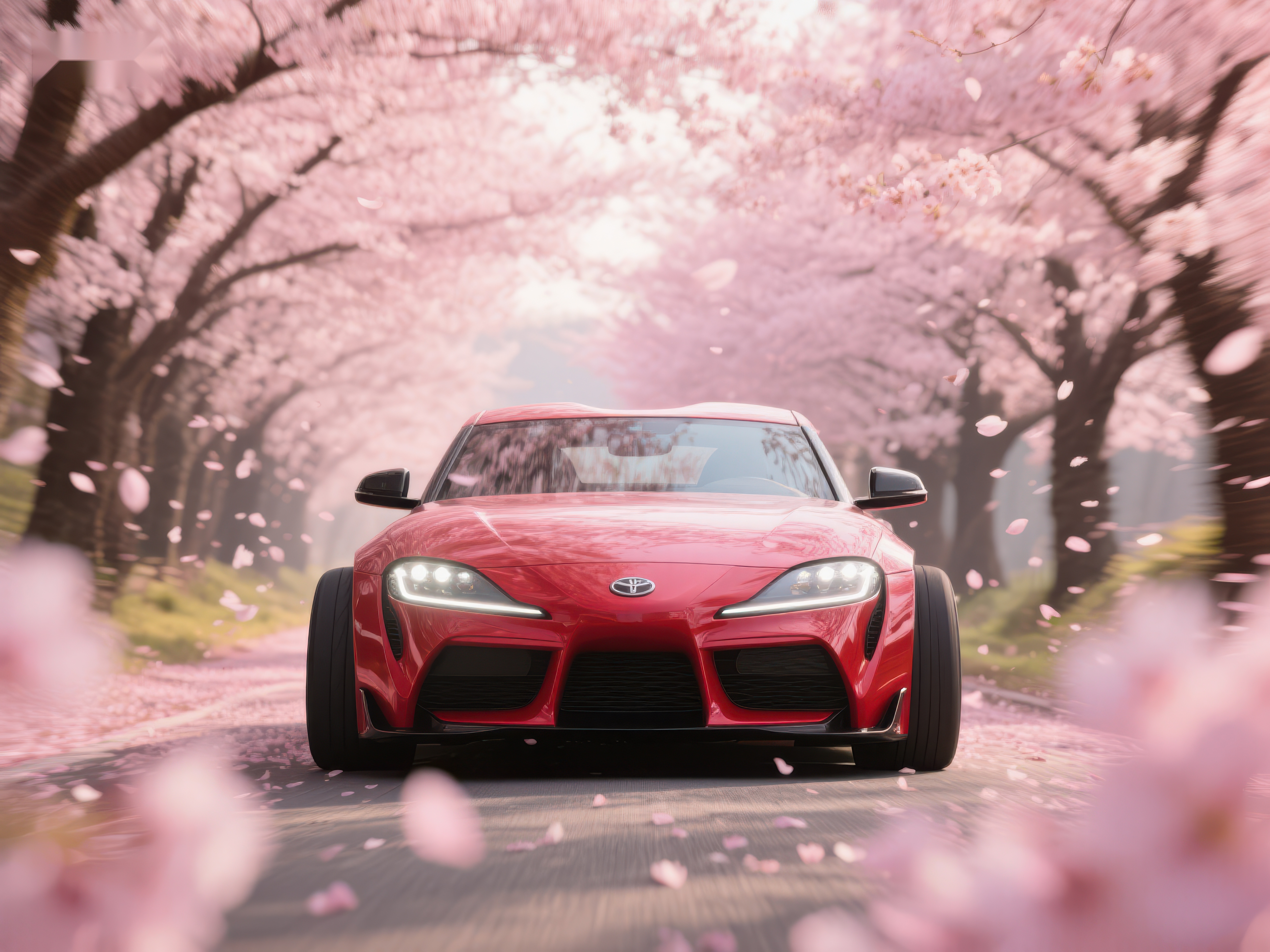 红色跑车穿梭樱花大道素材