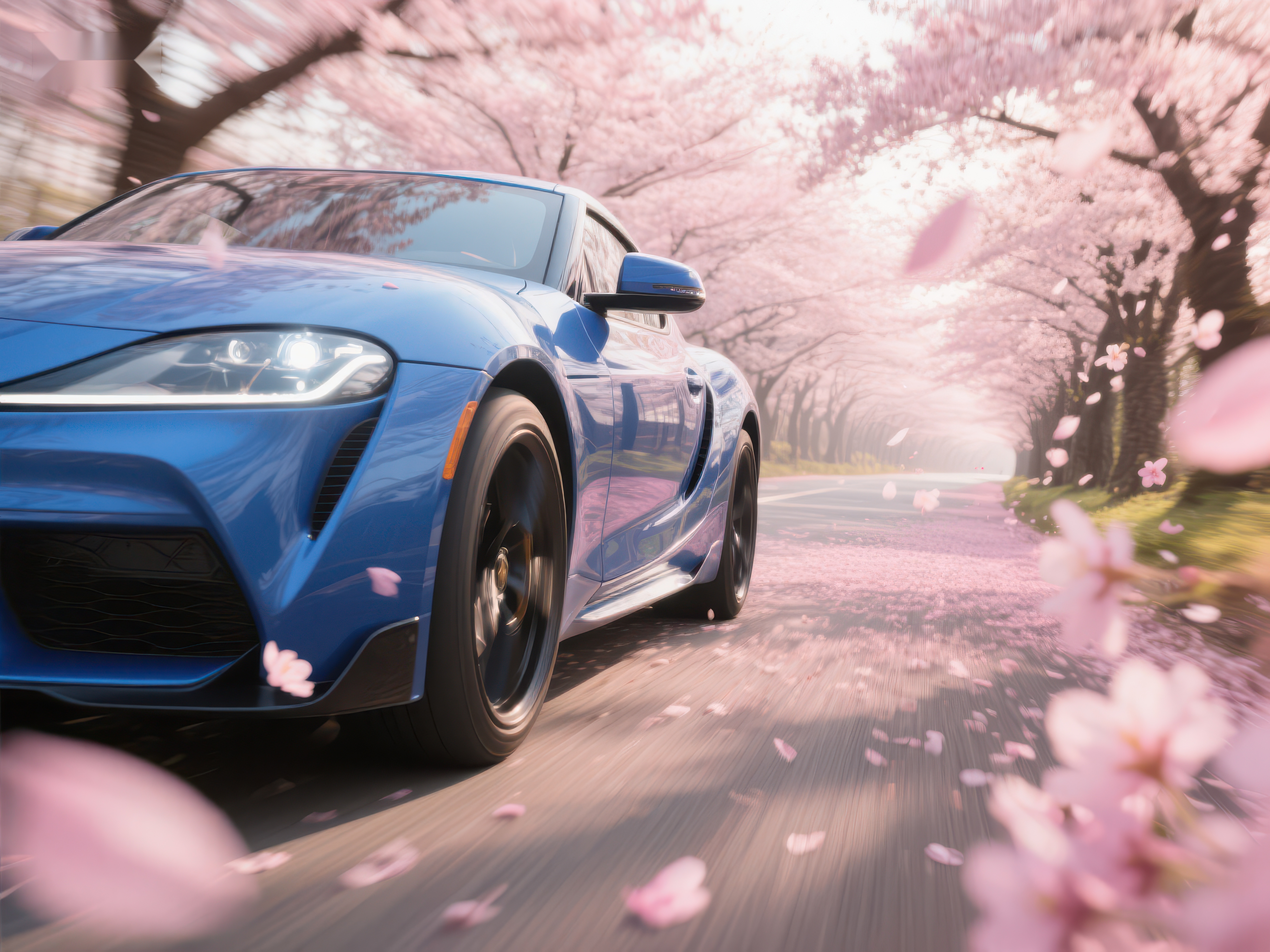蓝色跑车穿梭樱花大道素材