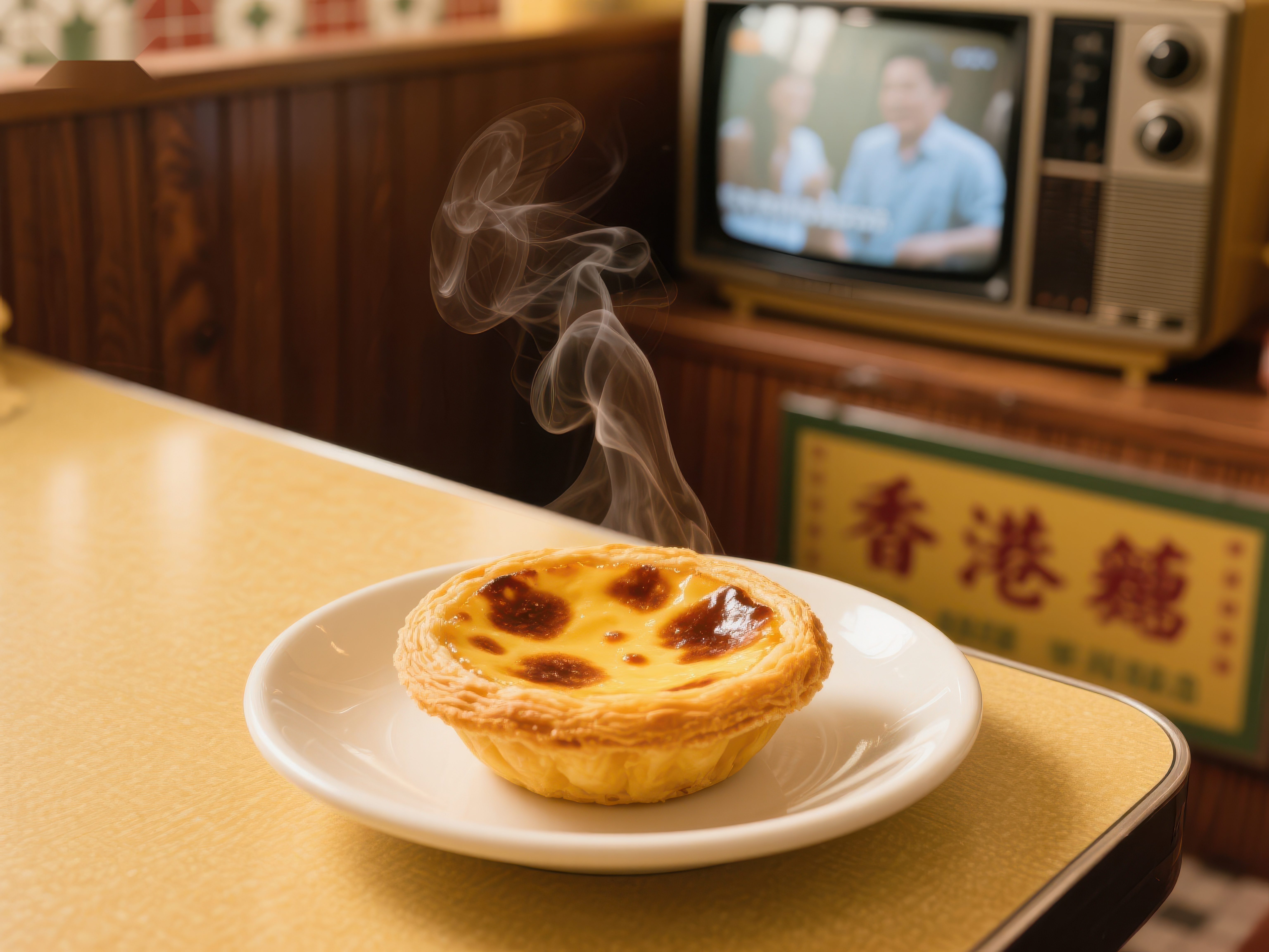 热腾腾的蛋挞在复古餐厅中素材