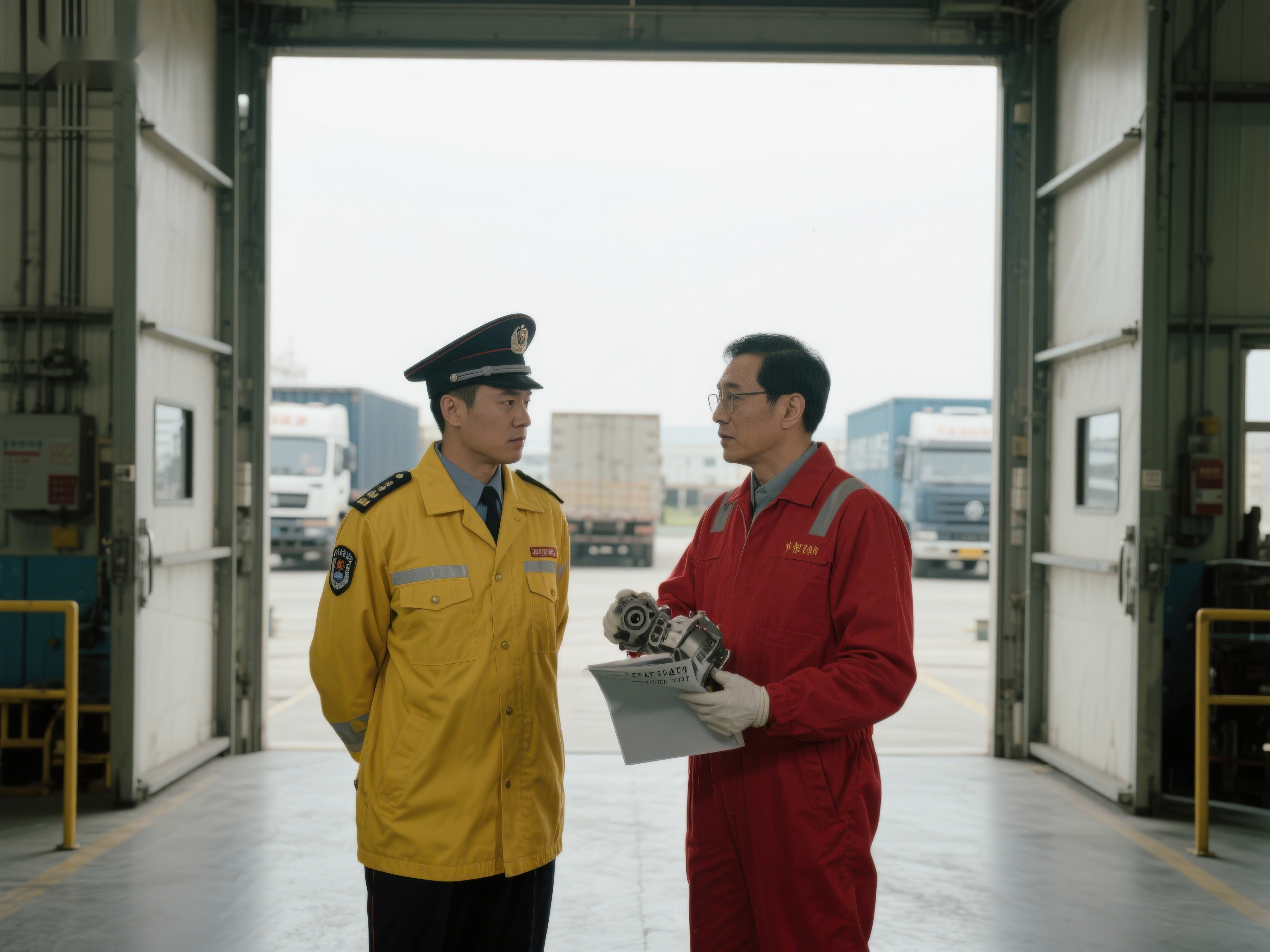 仓库内两人交谈一人手持文件素材