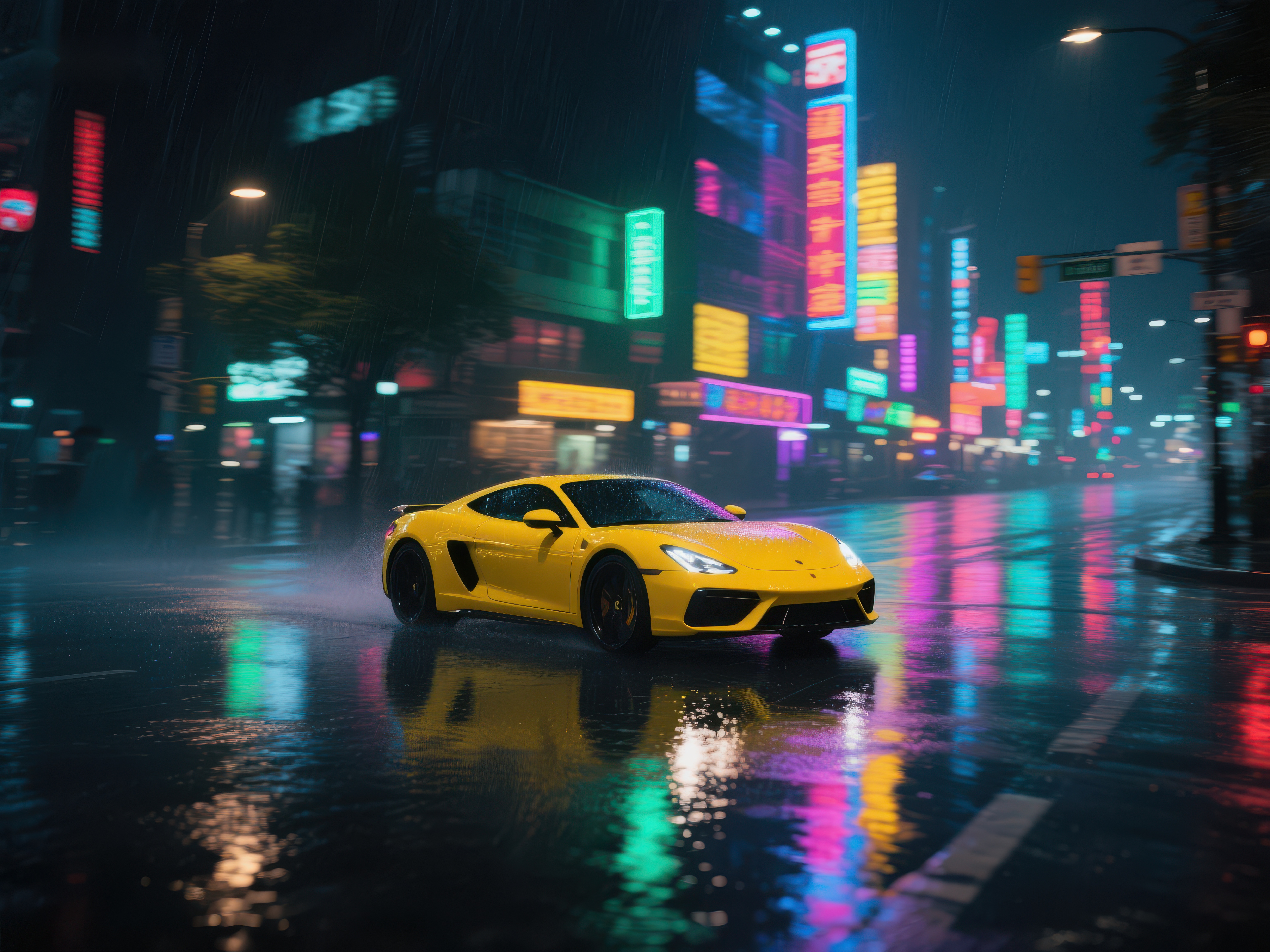 雨夜霓虹下的黄色跑车素材
