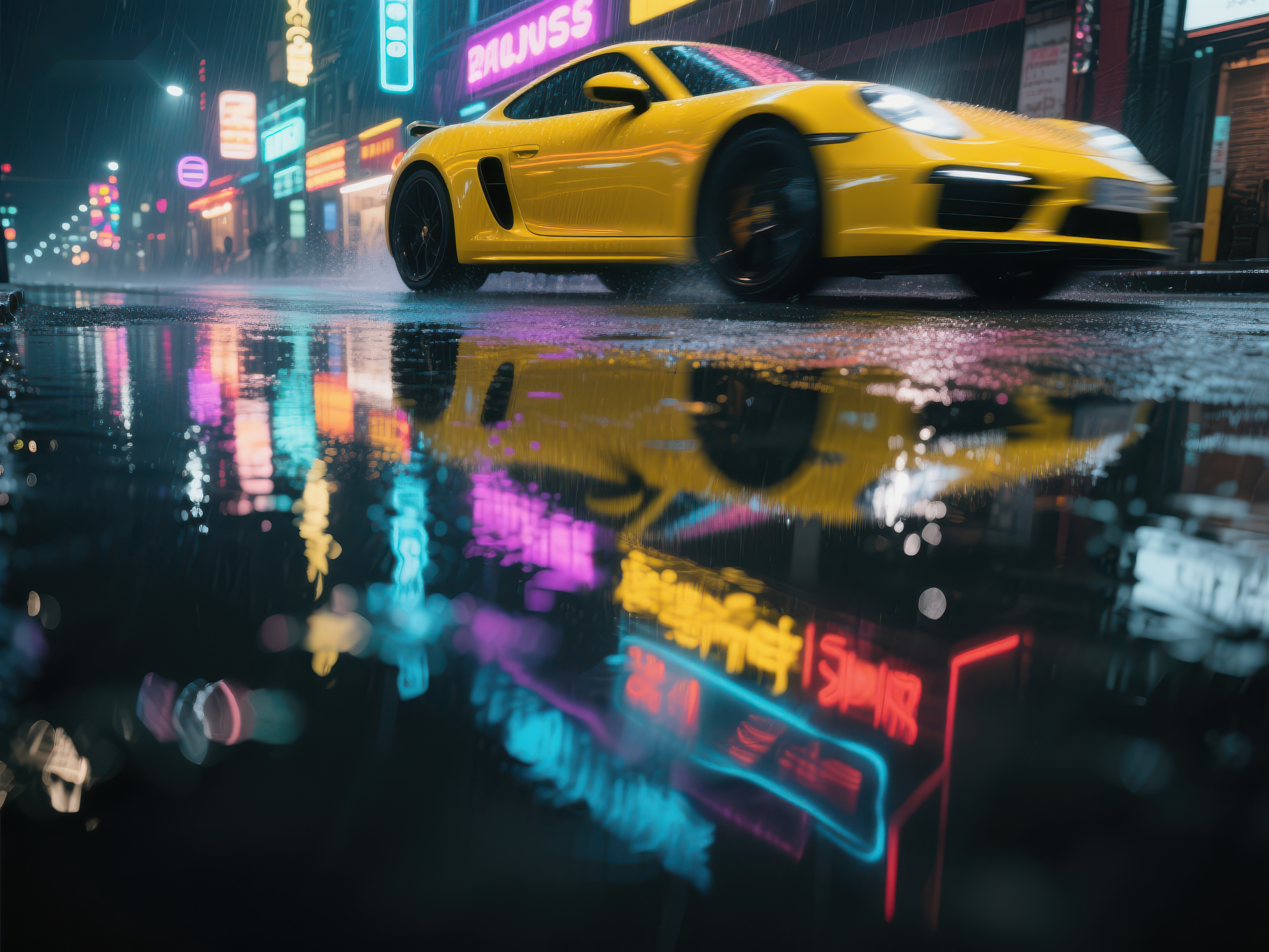 雨夜霓虹映照下的黄色跑车素材