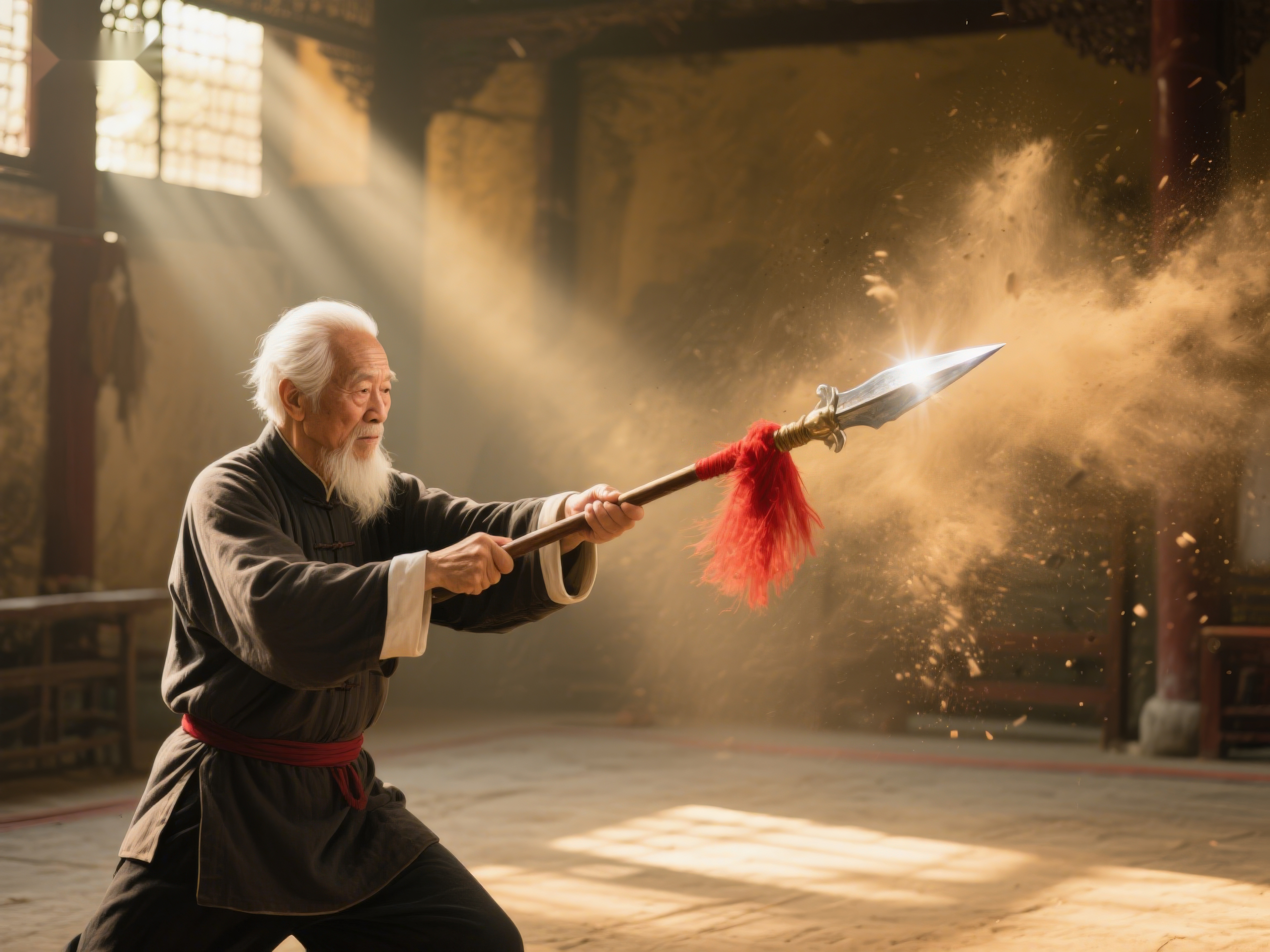 武术大师挥剑尘土飞扬素材