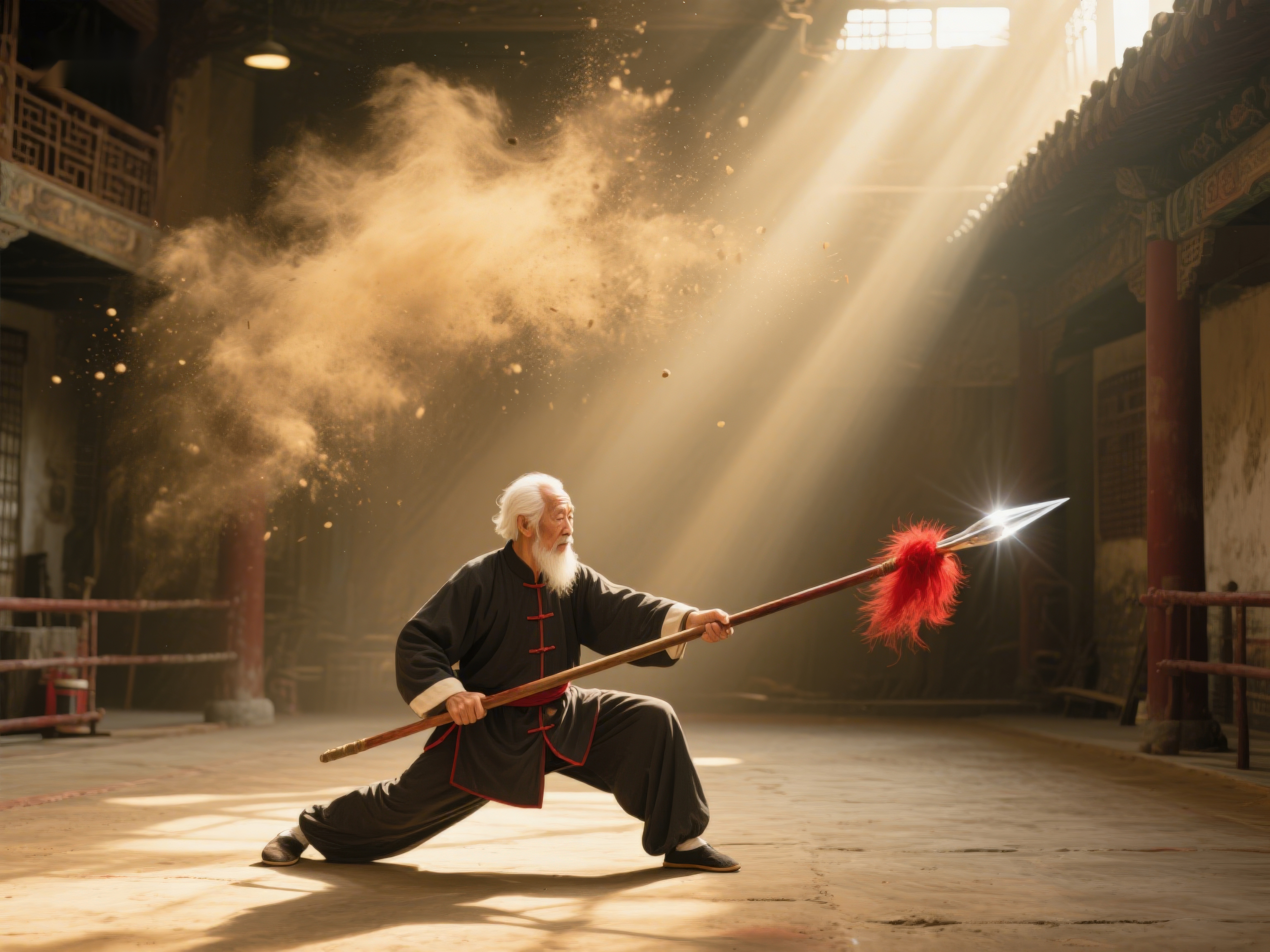 武术大师挥舞红缨枪素材
