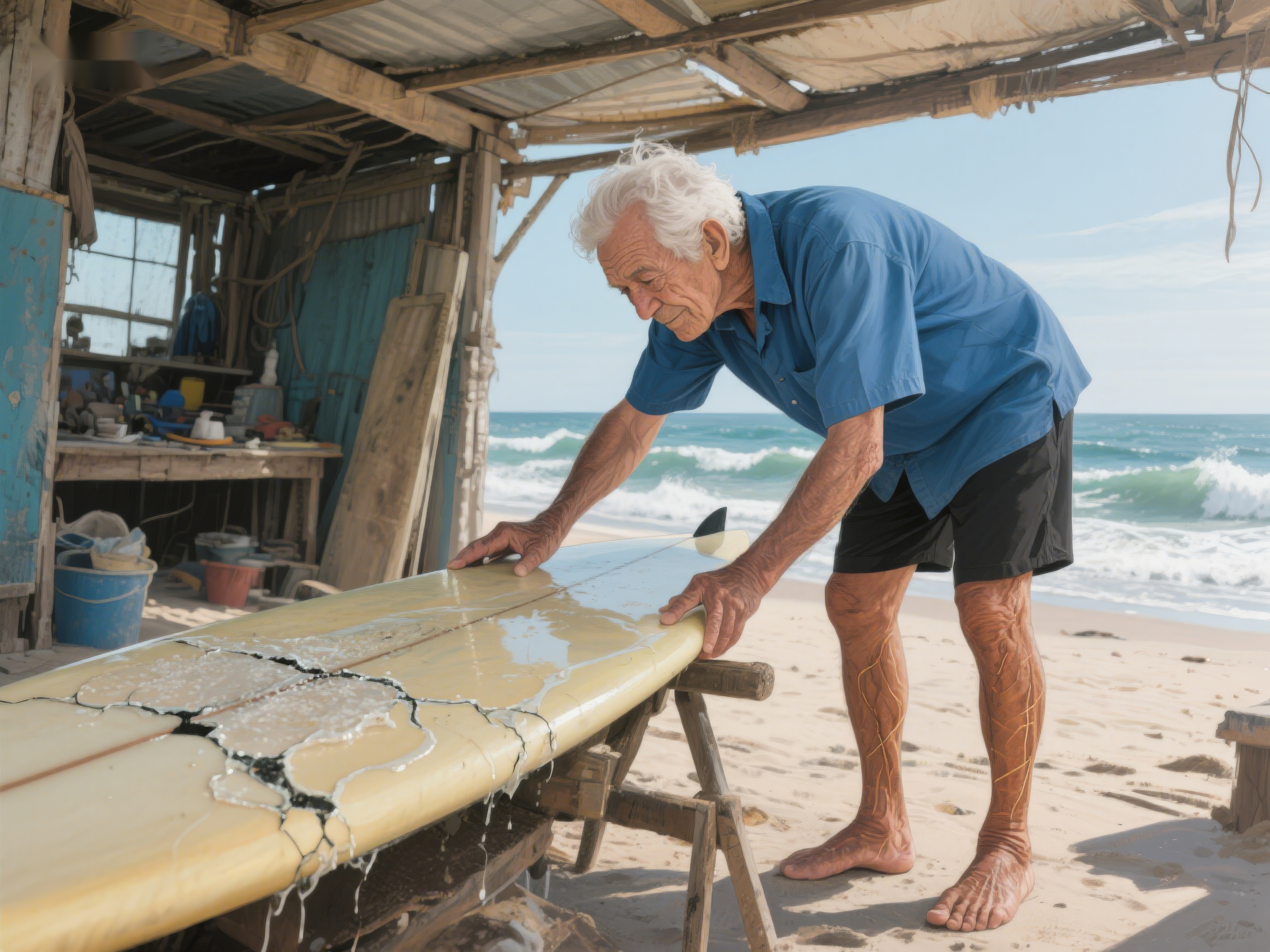 老人海边修补冲浪板素材