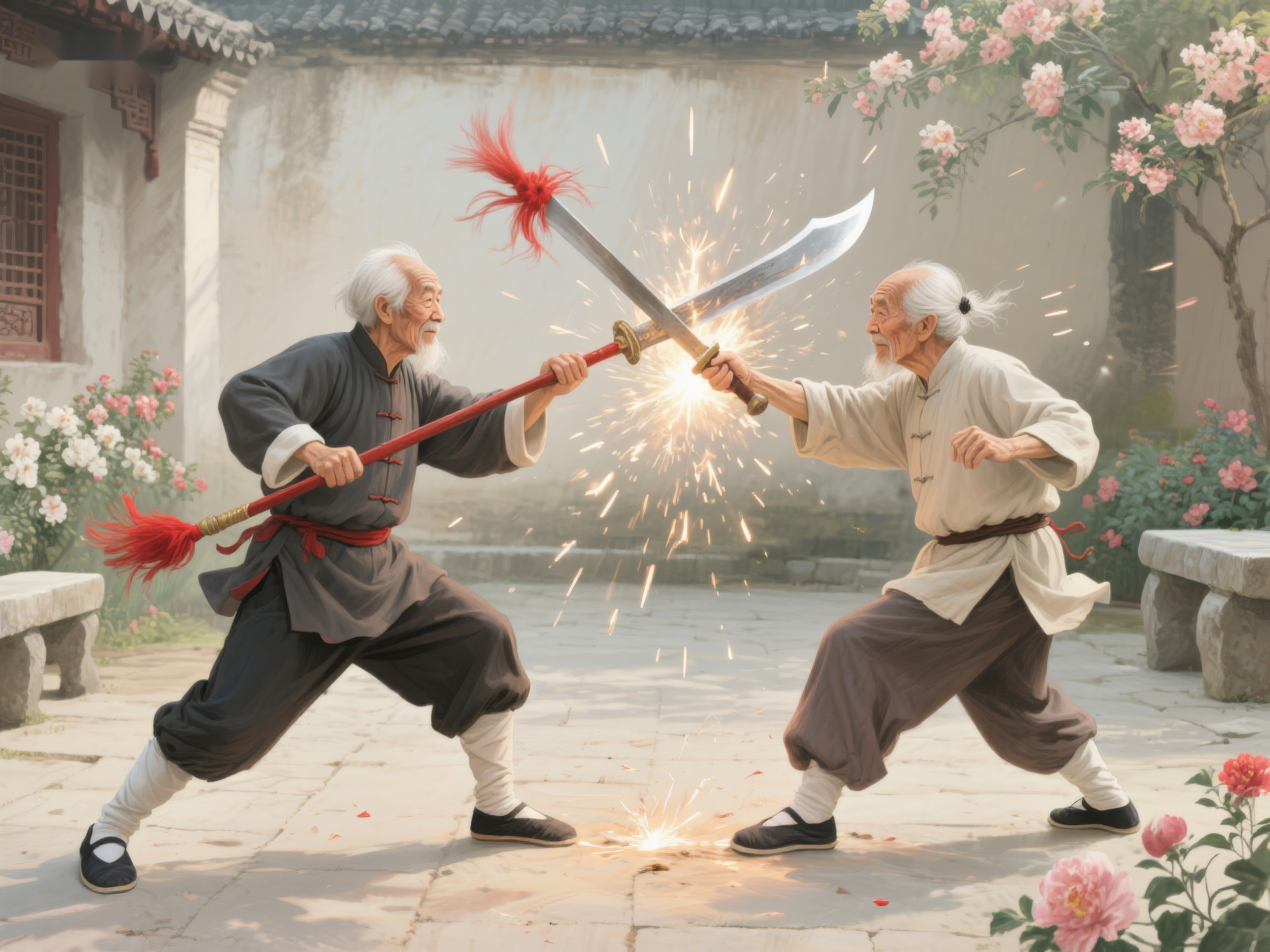 两位老人在庭院中激烈比武素材