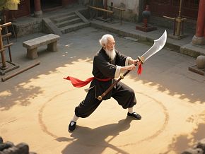 武术大师挥剑庭院中展现武艺素材下载-众图网