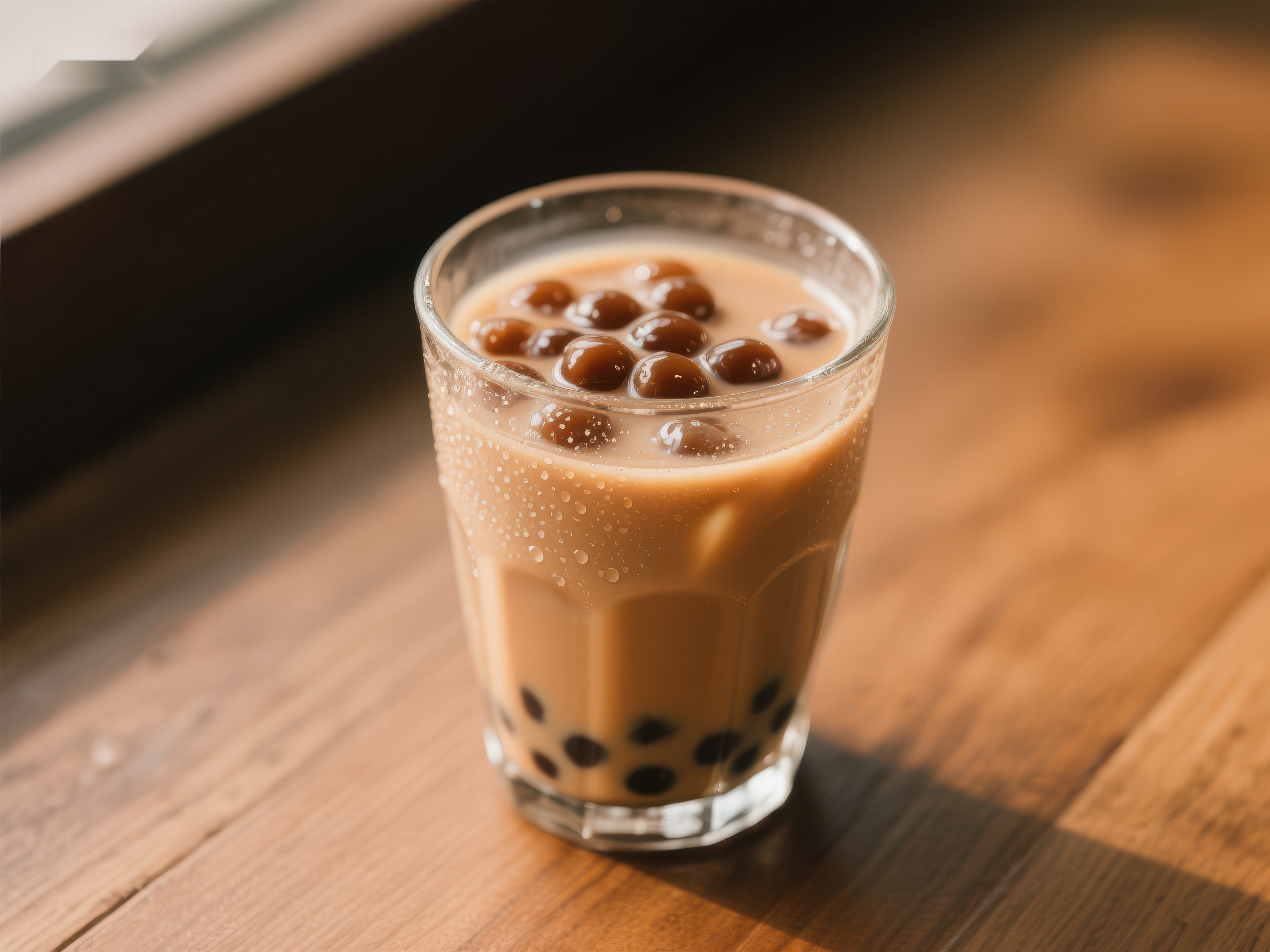 一杯珍珠奶茶静置木质桌面素材