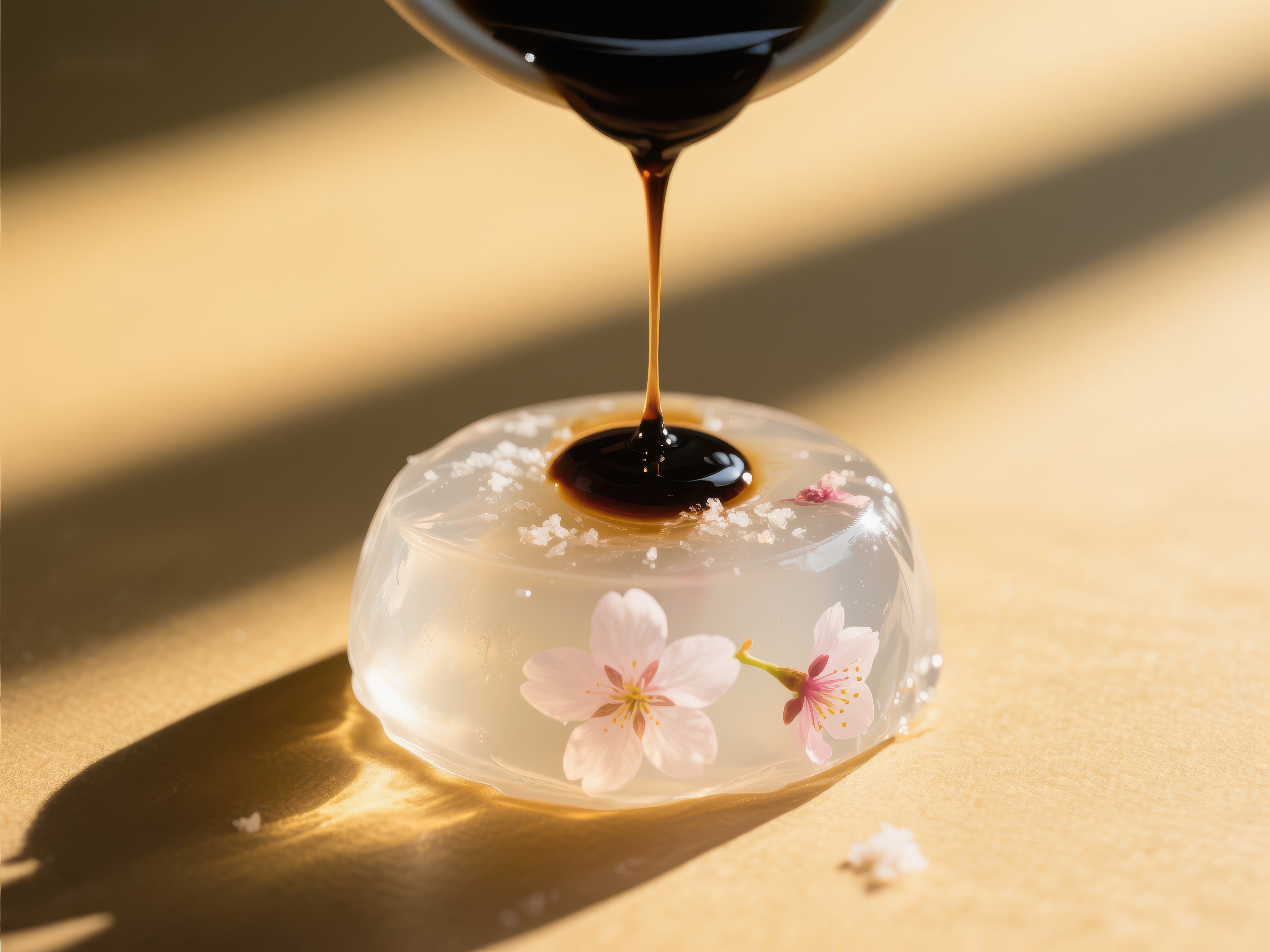 糖浆缓缓滴落樱花果冻素材
