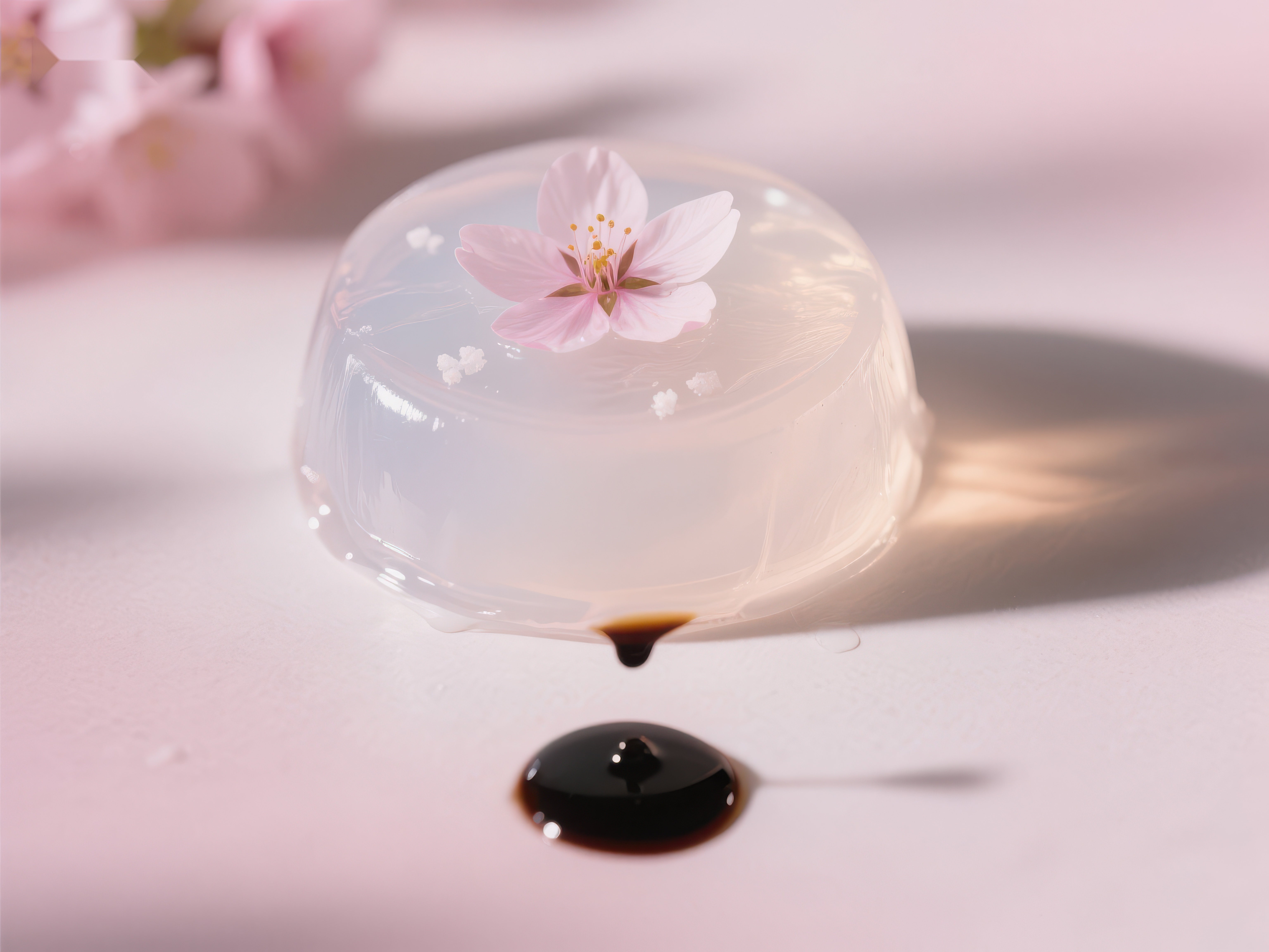 樱花点缀的透明果冻与酱油素材