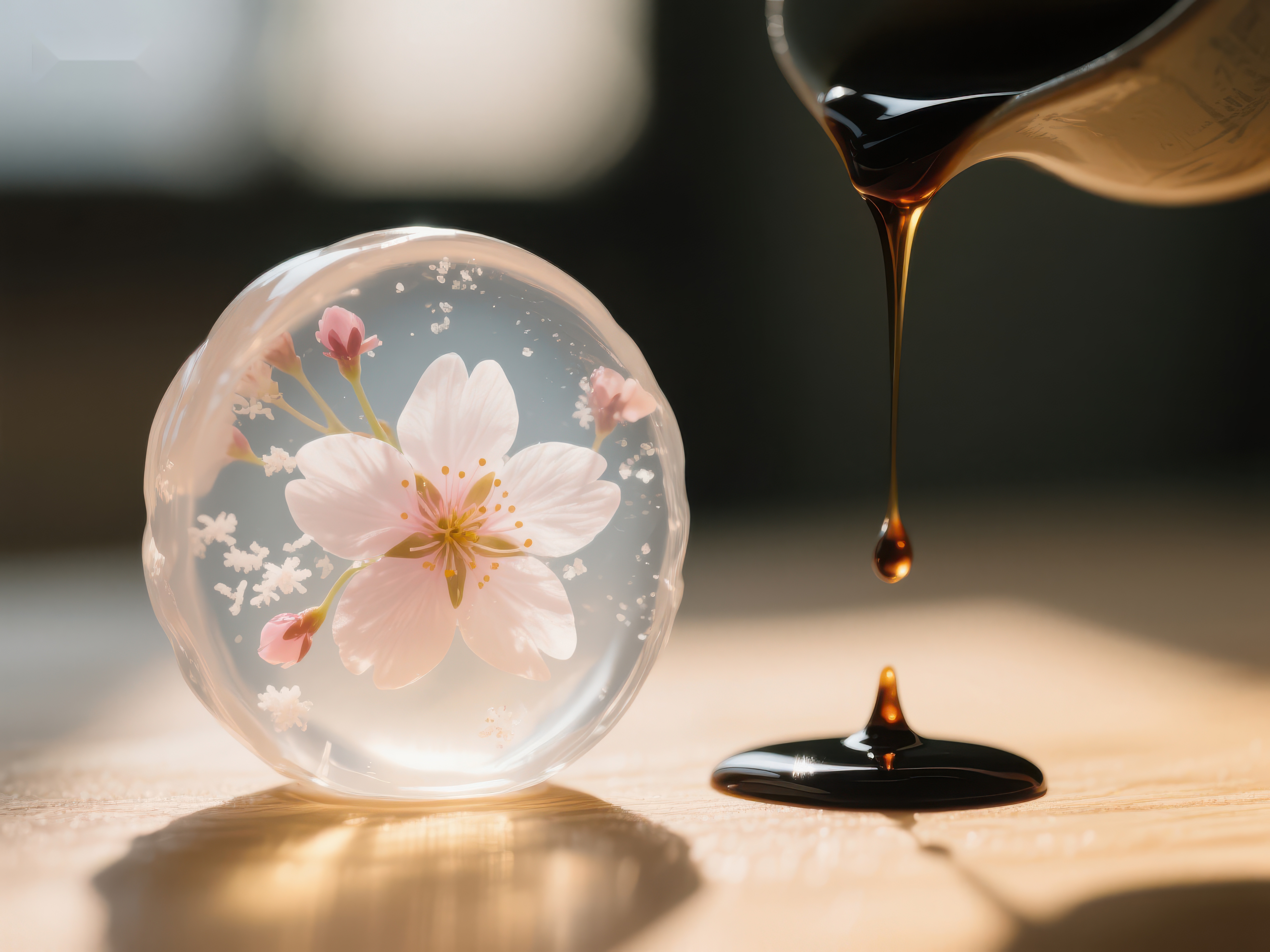 蜂蜜滴落与樱花球的静谧瞬间素材