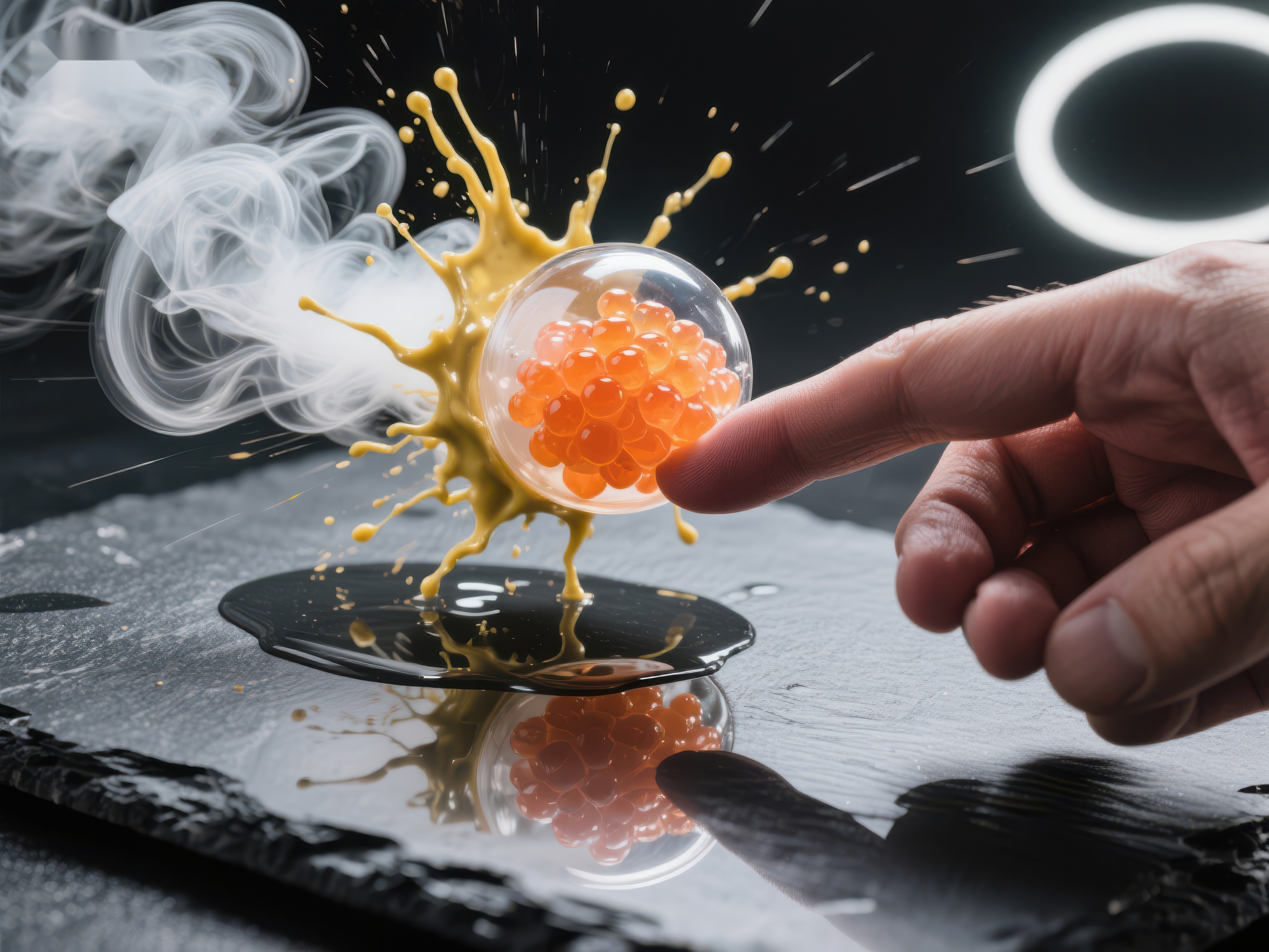 手指轻触鱼子酱瞬间爆溅素材