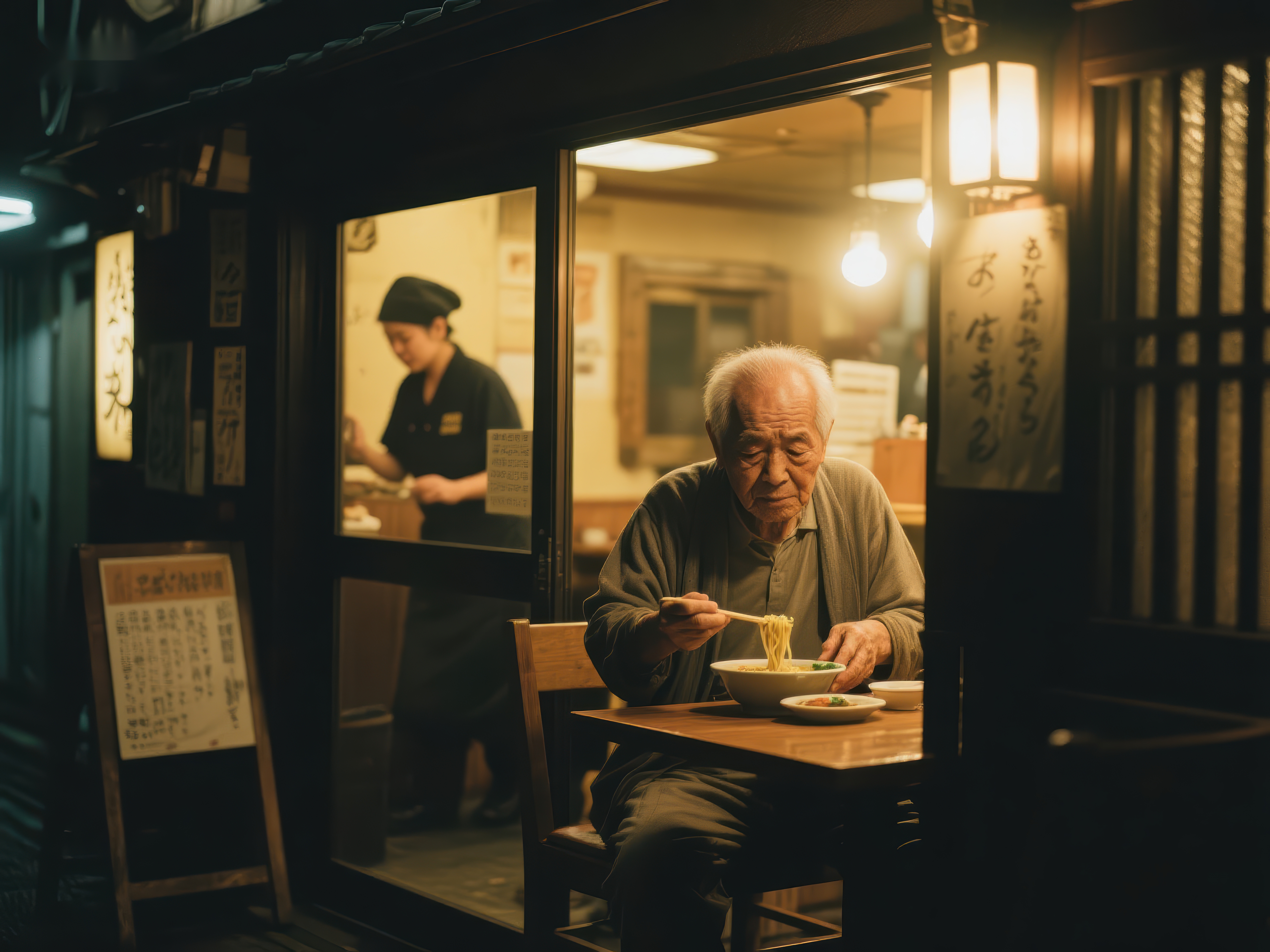夜幕下的餐馆老人独自用餐素材