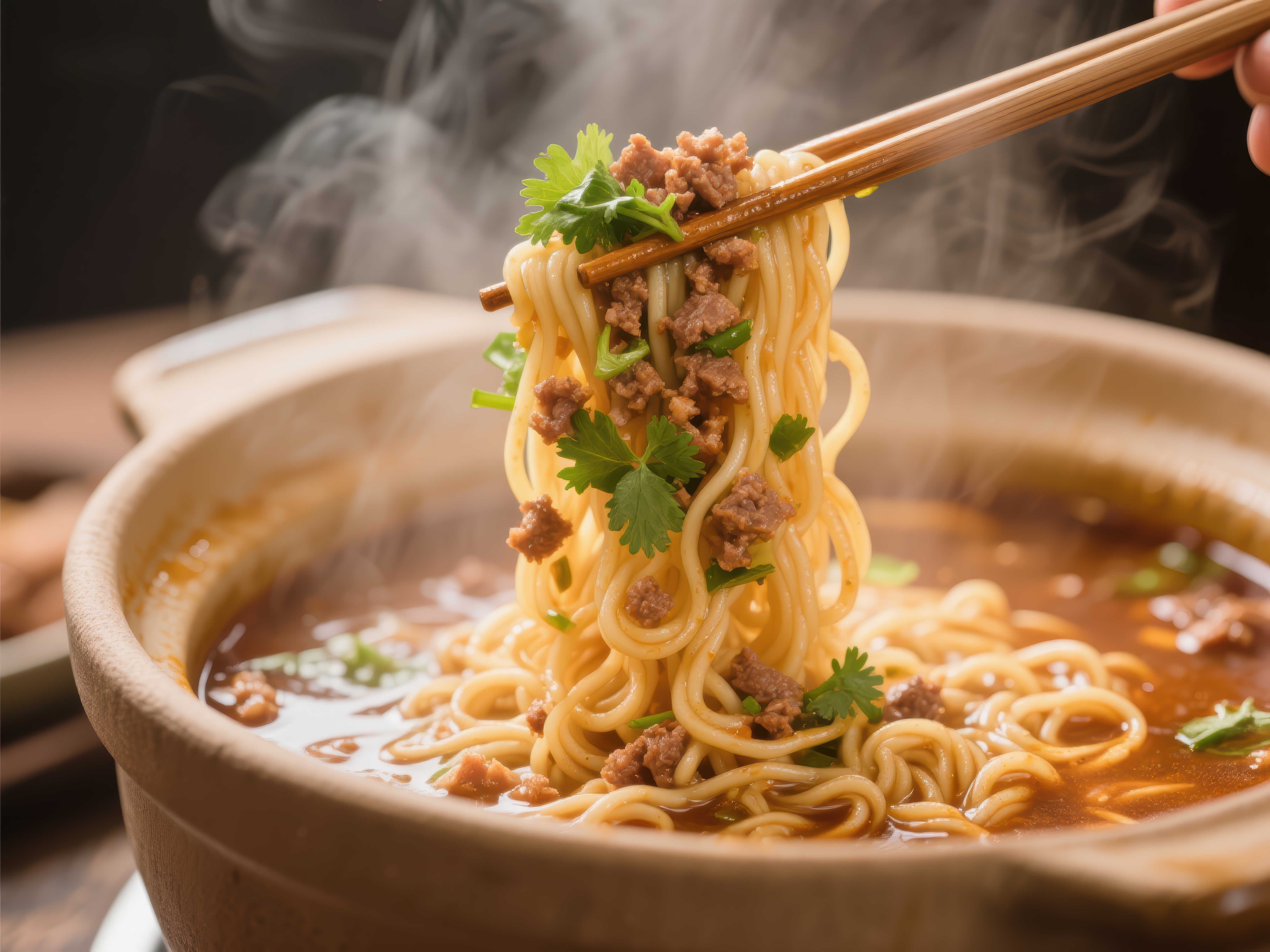 热腾腾的牛肉面香气四溢素材