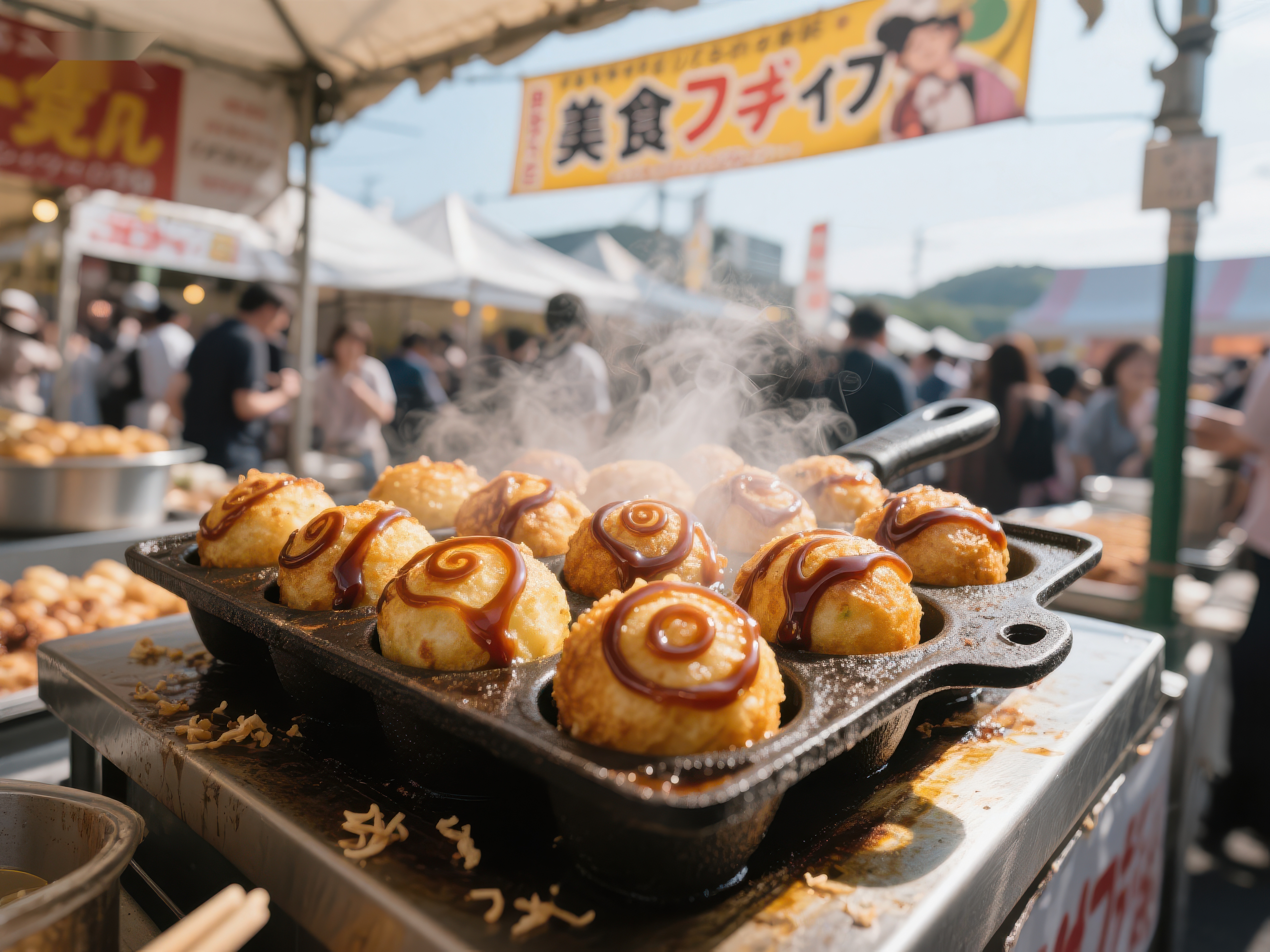 热腾腾的章鱼小丸子在市集上售卖素材