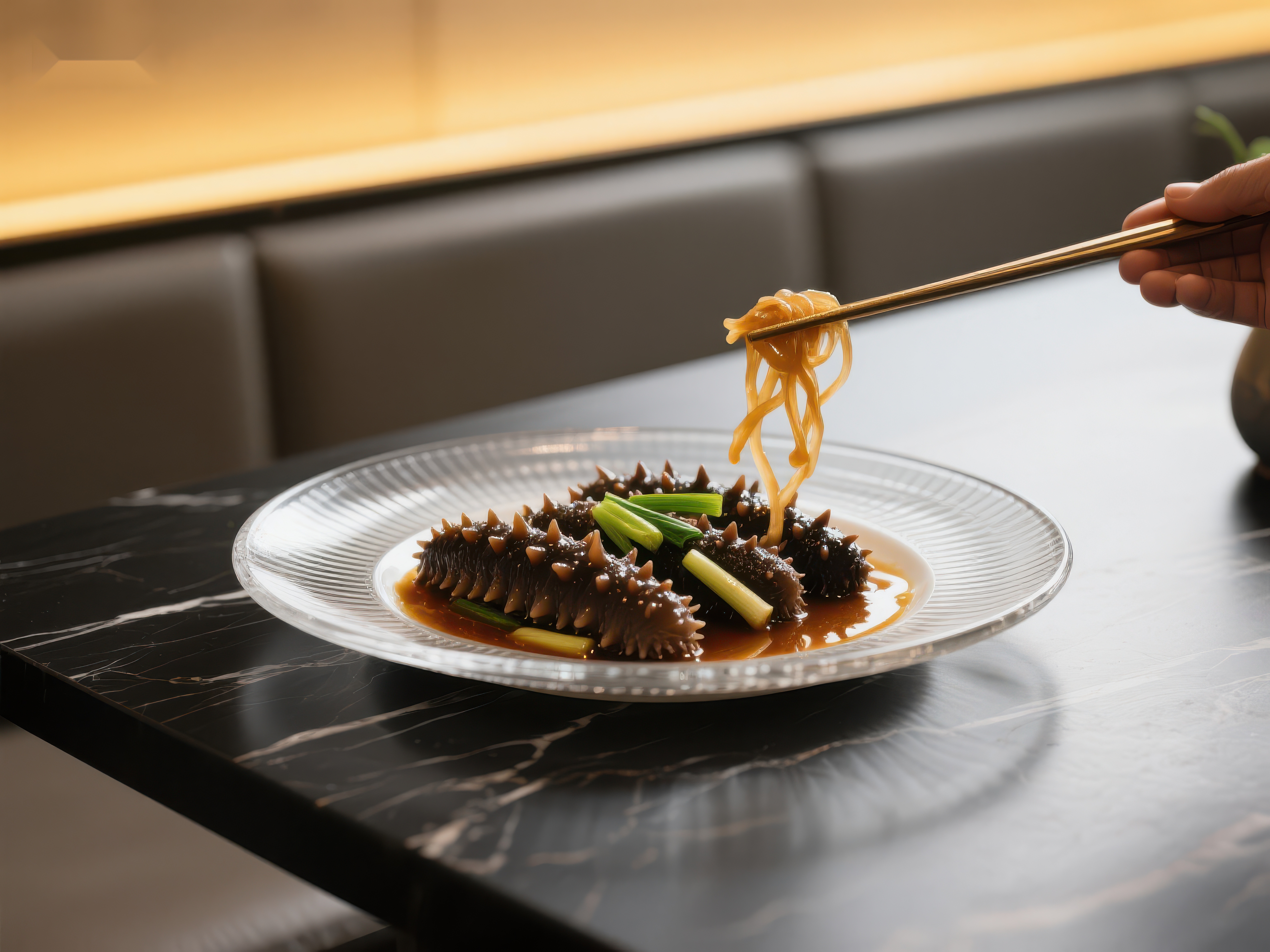 筷子夹起海参面条精致中式美食素材